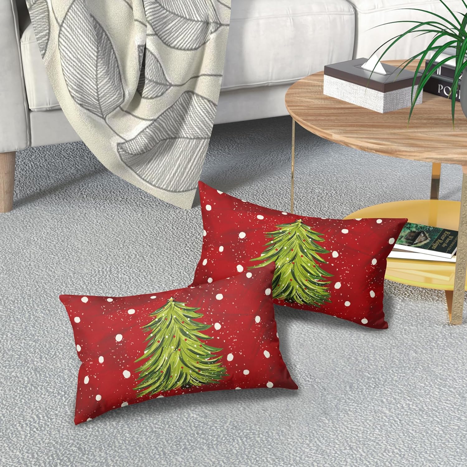 Juego de 2 fundas de almohada lumbares rojas de Navidad de 12 x 20 pulgadas, fundas de almohada rectangulares de árbol de acuarela de Navidad,