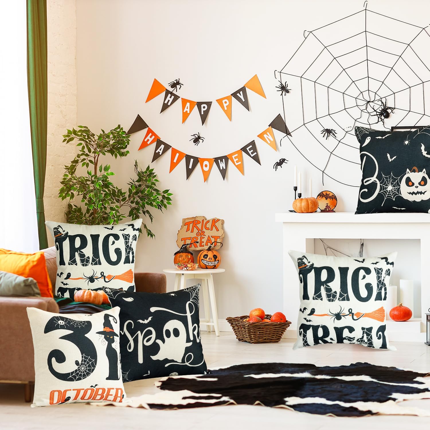 Sioloc Fundas de almohada de Halloween de 18 x 18 pulgadas con 4, decoraciones de Halloween, casa de campo de bruja de calabaza, decoración festiva