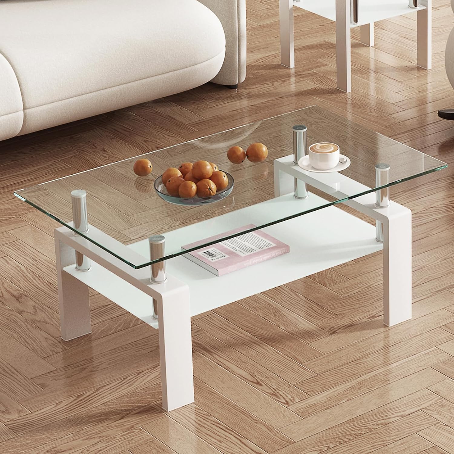 Mesa auxiliar de cristal para sala de estar, mesa de cóctel Mordern blanca de 2 capas para sofá con almacenamiento rectangular de vidrio templado,