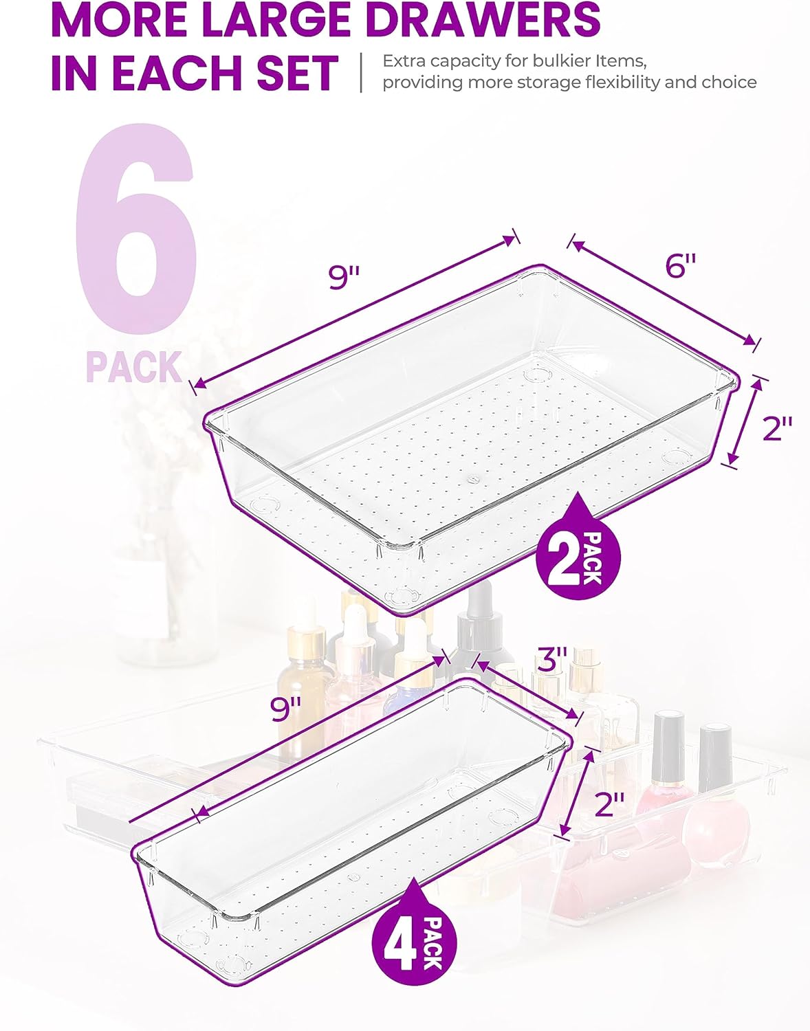 Smartor 6 organizadores de cajones de plástico transparente, bandejas de almacenamiento versátiles para cajones de escritorio, organizadores de