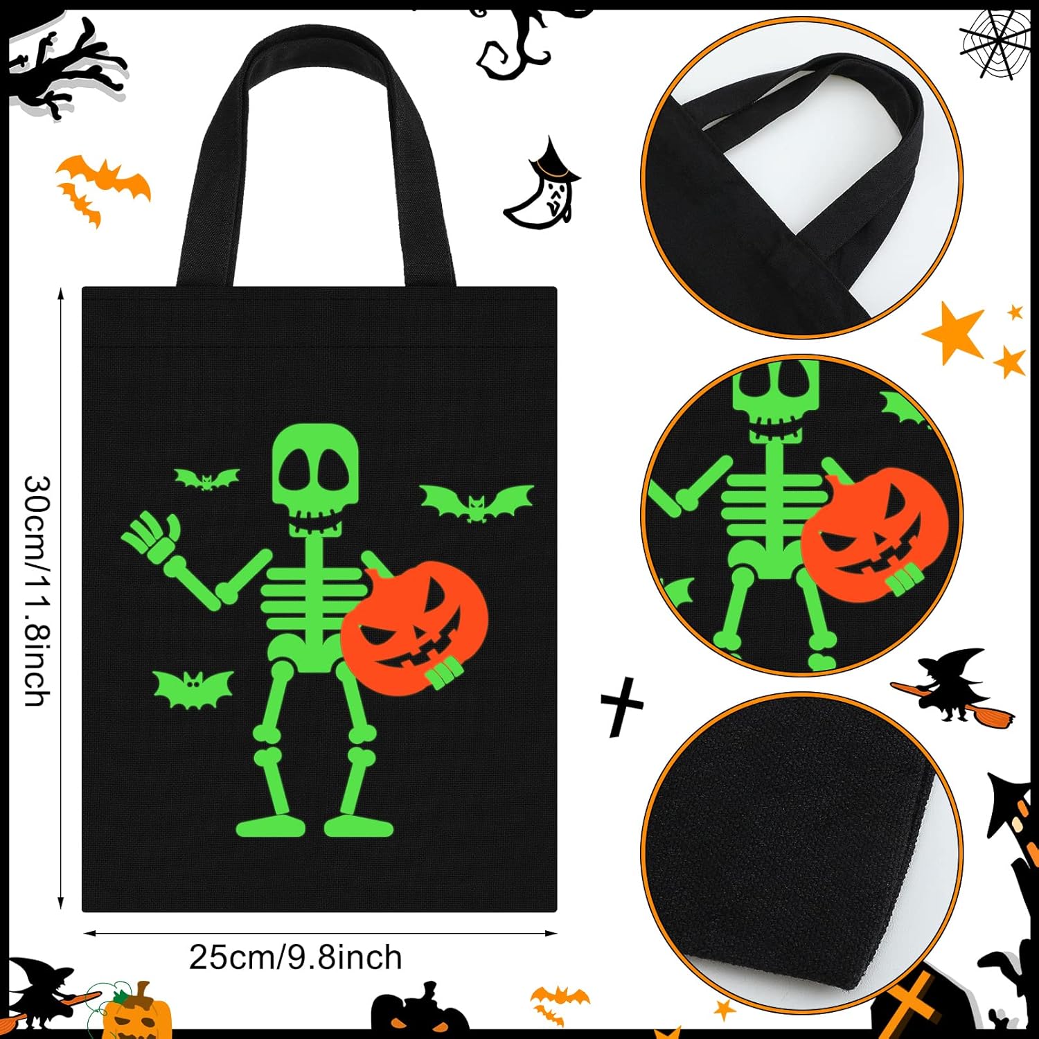 Chunful 4 bolsas de Halloween para dulce o truco, bolsas luminosas de lona para dulces de Halloween, grandes que brillan en la oscuridad, para
