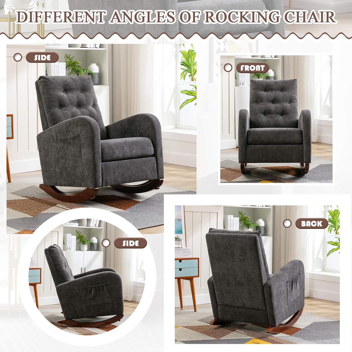 Mecedora moderna para guardería, silla mecedora tapizada con respaldo alto copetudo, cómodo sillón decorativo con cojín grueso y bolsillo grande