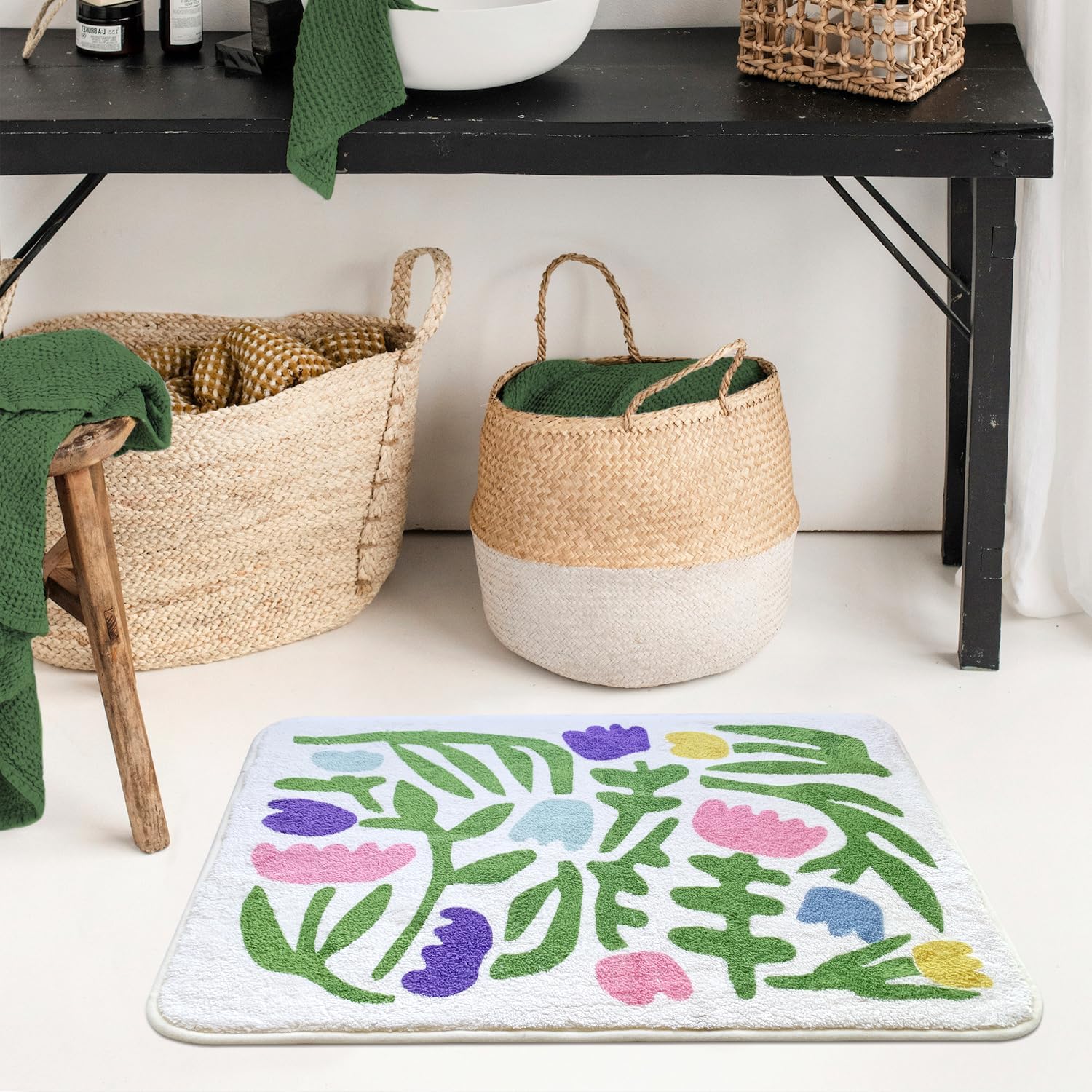 SHIYUE Alfombra de baño con diseño de flores coloridas para alfombras de baño, microfibra ultrasuave y esponjosa, absorción de agua, antideslizante,