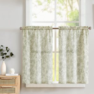 Lazzzy Cortinas de cocina de lino verde sobre beige, 26×36 pulgadas, 2 paneles, bolsillo para barra Lazzzy Cortinas de cocina de lino verde sobre beige, 26×36 pulgadas, 2 paneles, bolsillo para barra