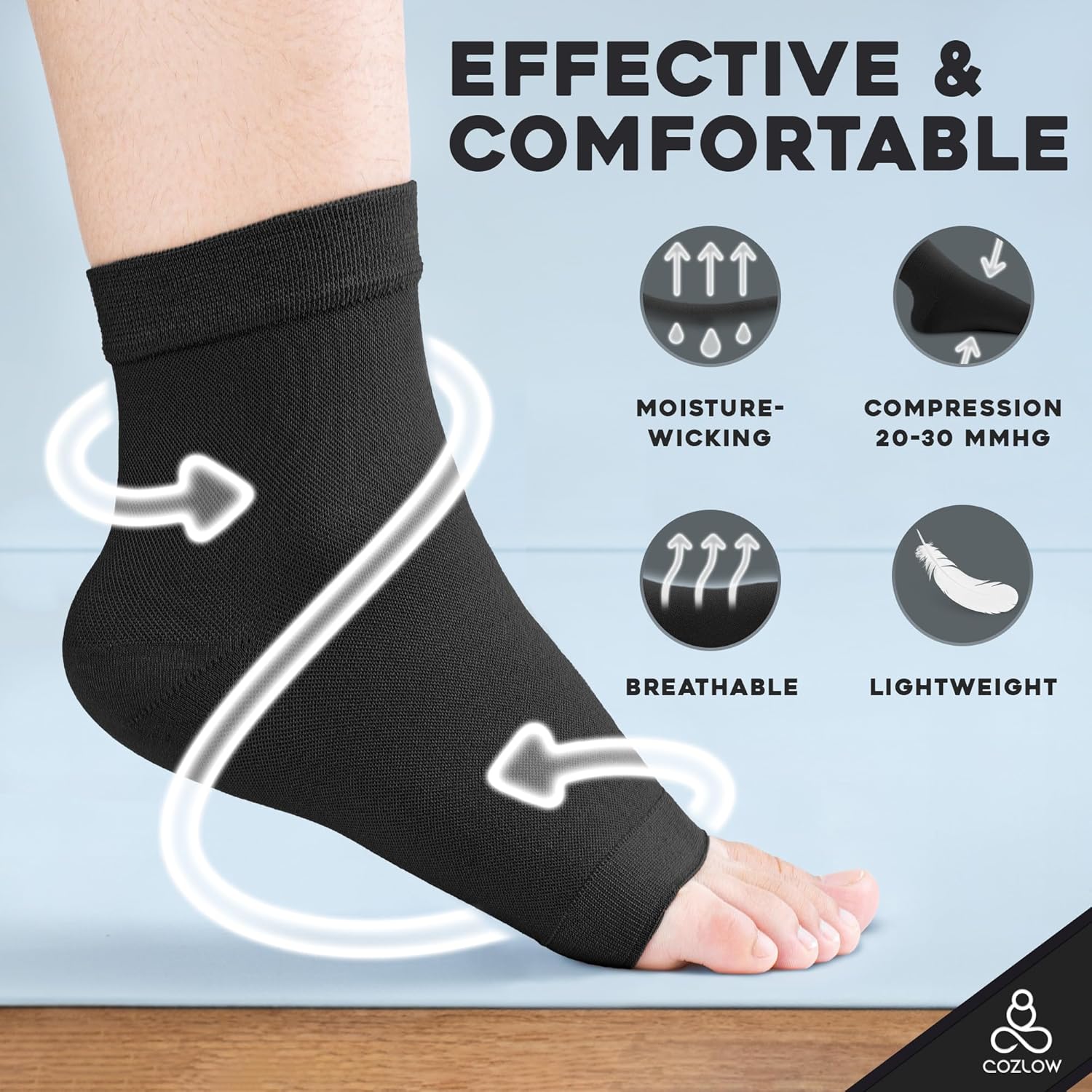 Calcetines de compresión de tobillo (XXL, negro), tobillera eficaz con compresión de 20-30 mmHg para aliviar el dolor de pies, manga de soporte de