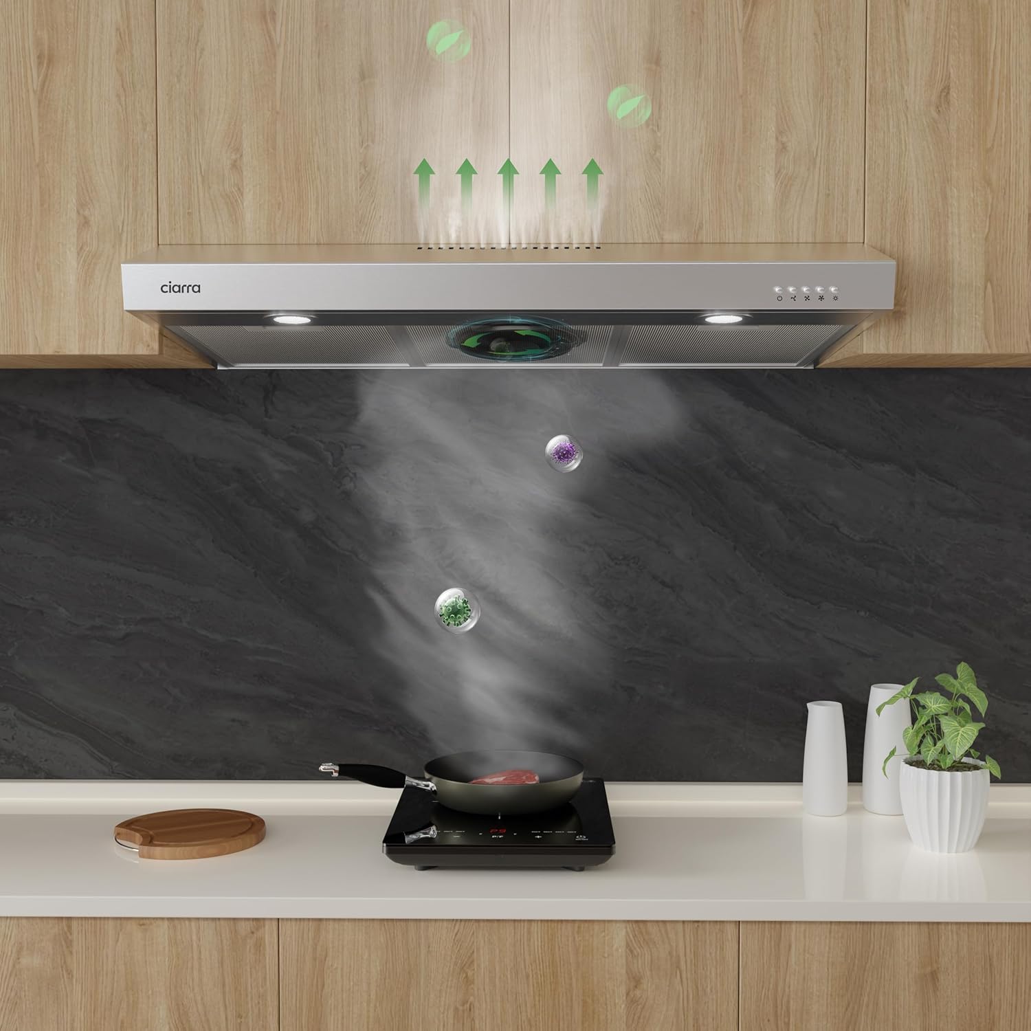 CIARRA Campana extractora para debajo del gabinete de 30 pulgadas en acero inoxidable y kit de filtro de carbono con conductos convertible sin