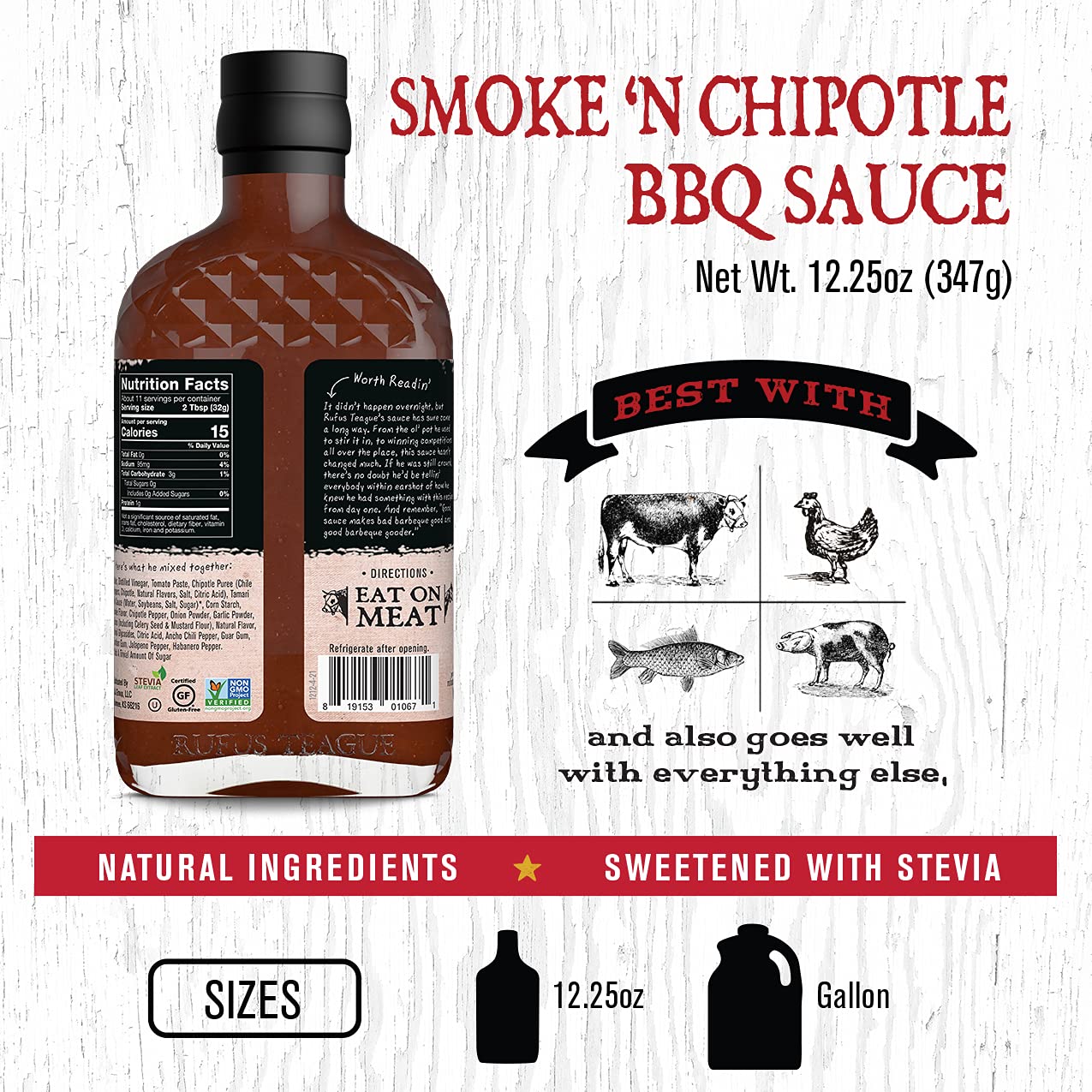 Rufus Teague – Salsa BBQ sin azúcar Smoke ‘N Chipotle – Salsa barbacoa premium – Botellas de 12.25 onzas – Paquete de 2