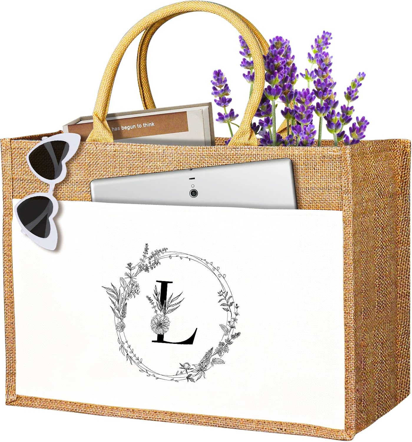 JUSTOTRY Bolsa de mano con inicial, yute natural, grande, 13 onzas, personalizada, bolsa de lona con monograma, regalo para mujer