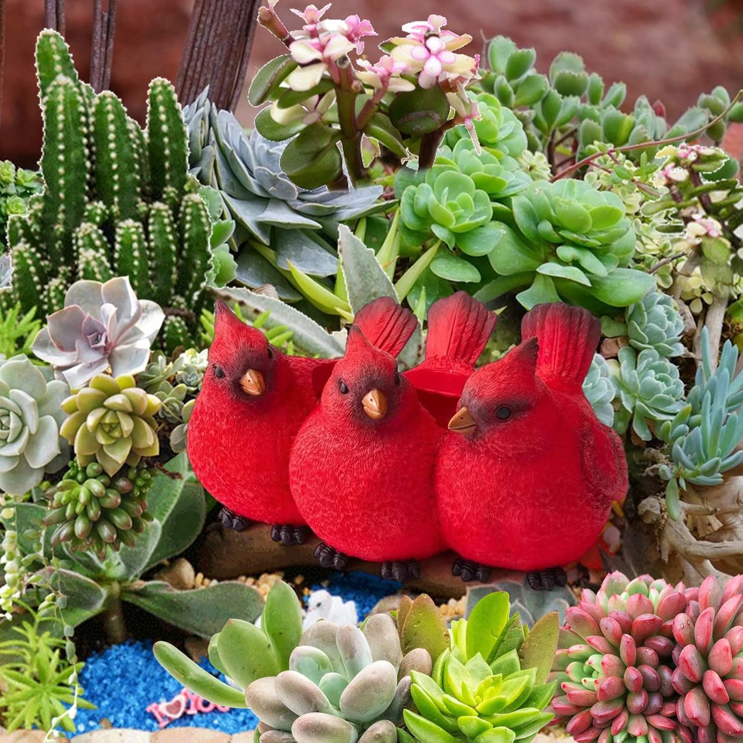 Maceta de trío cardenal de resina, maceta de trillizos de pájaros rojos, resina creativa de tres pájaros pequeños, estatua de adorno de interior