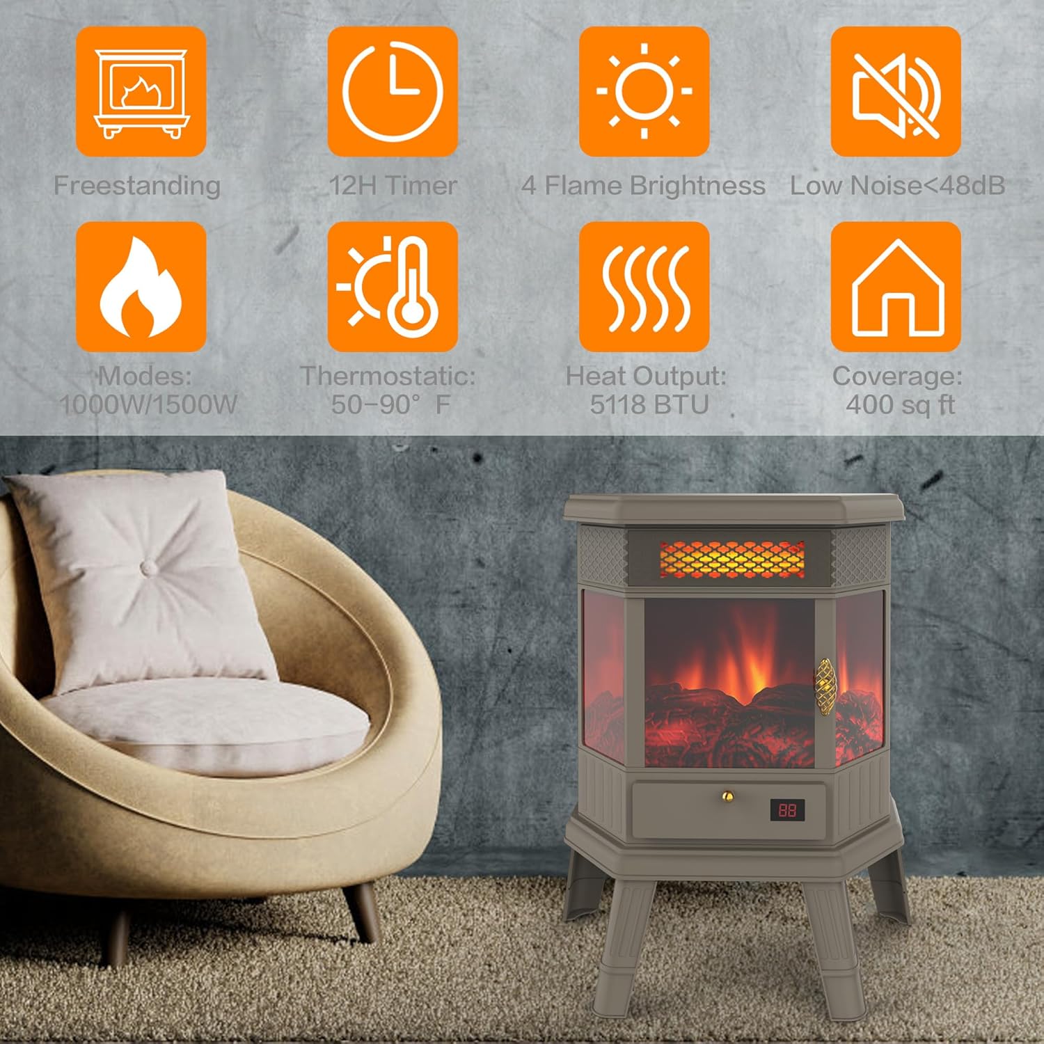 Calentador eléctrico de chimenea independiente de 22 pulgadas, chimenea infrarroja con efecto de llama 3D, temporizador, calentador de protección