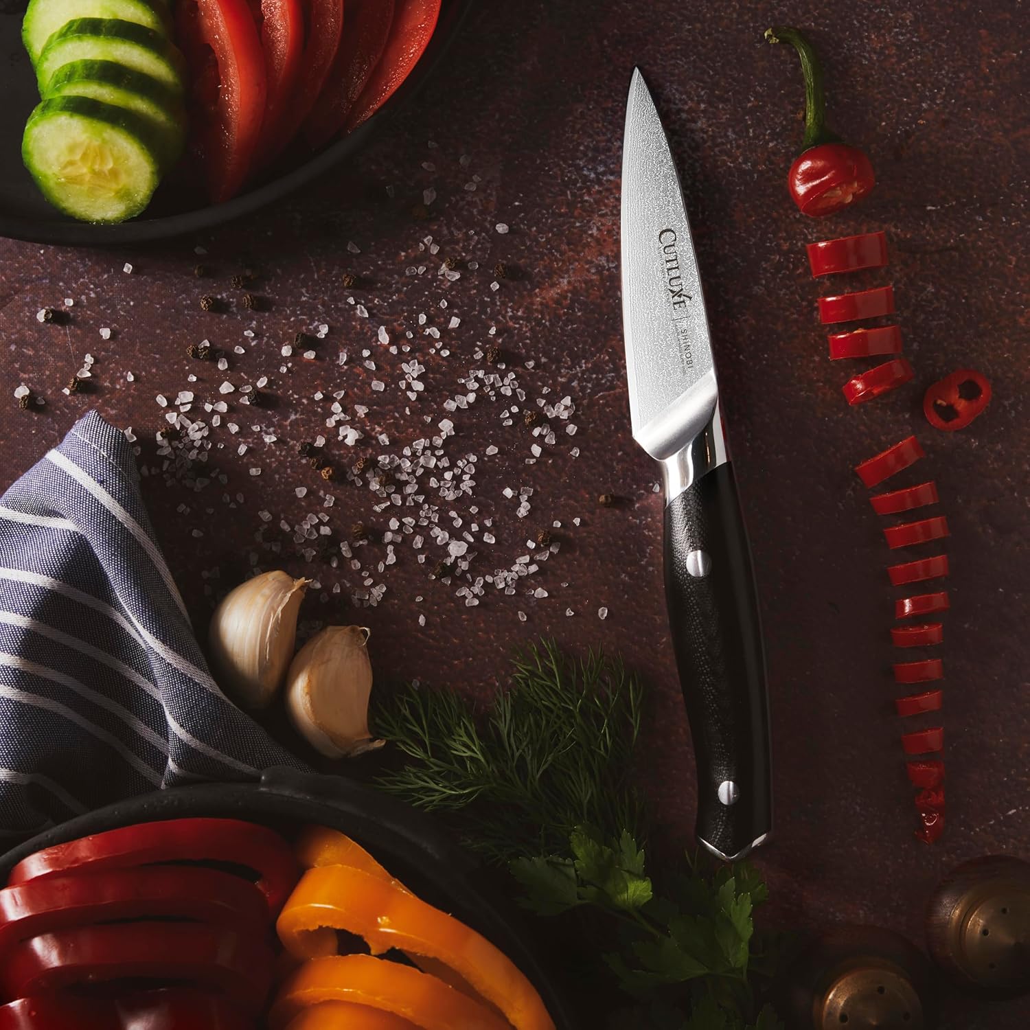 Cutluxe Shinobi Cuchillo de pelar y pelar, cuchillo de cocina de Damasco – Hoja de acero japonés de 4 pulgadas, AUS-10 – Cuchillo de cocina afilado