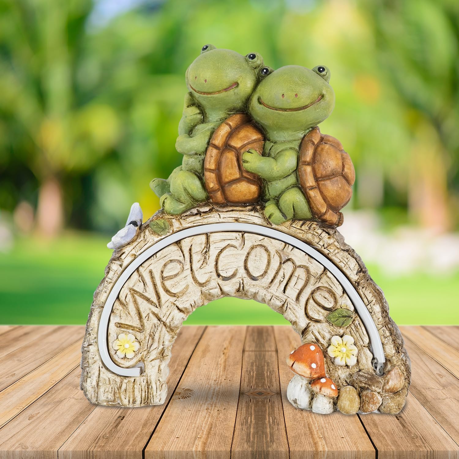 Estatuas de jardín con luz solar, adorable tortuga de 14 pulgadas con luz de bienvenida y tira, decoración de jardín al aire libre para patio,