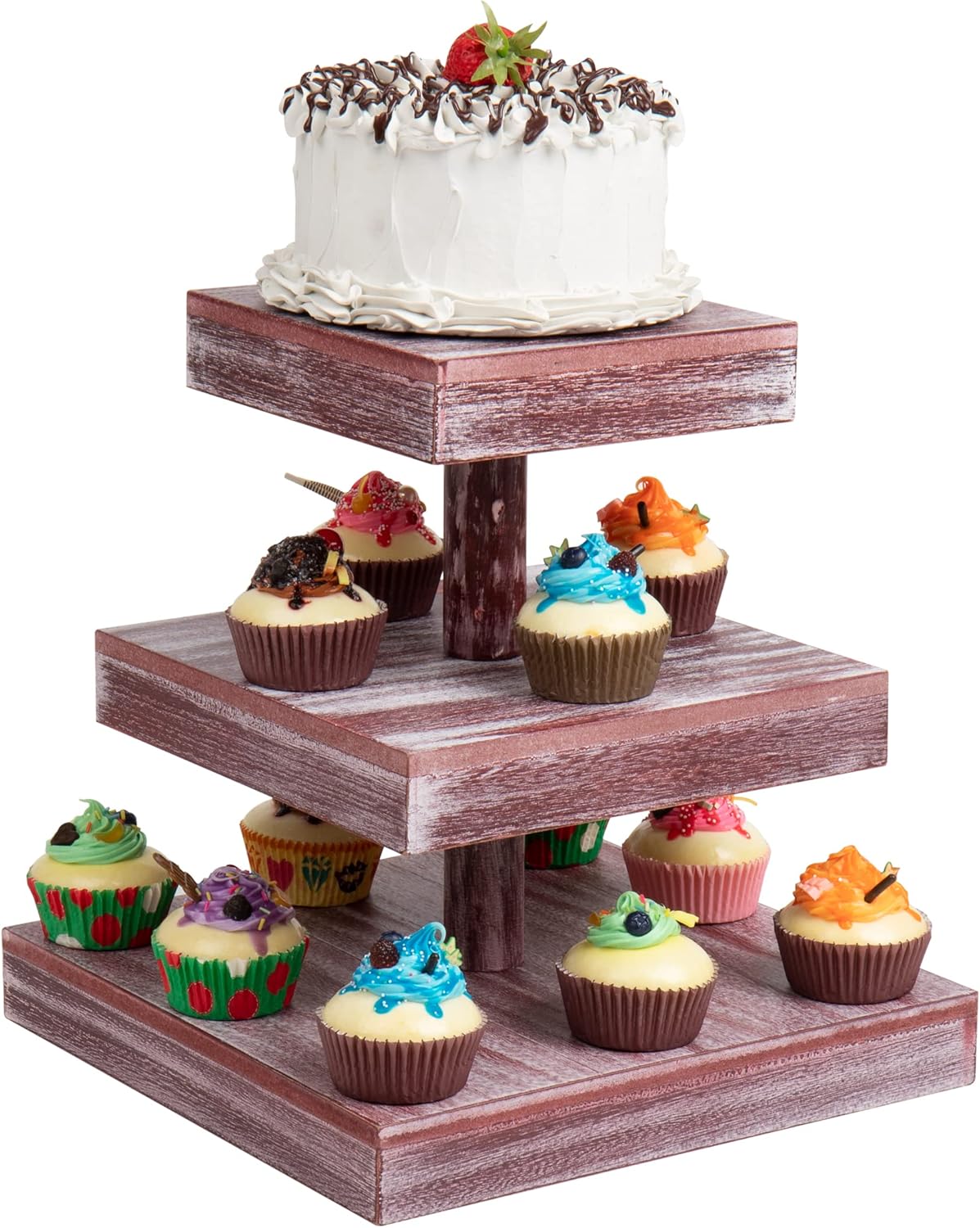 Mind Reader Soporte para cupcakes, bandeja escalonada, exhibición de mesa de postre, torre de cocina, madera, 11.75 pulgadas de largo x 11.75