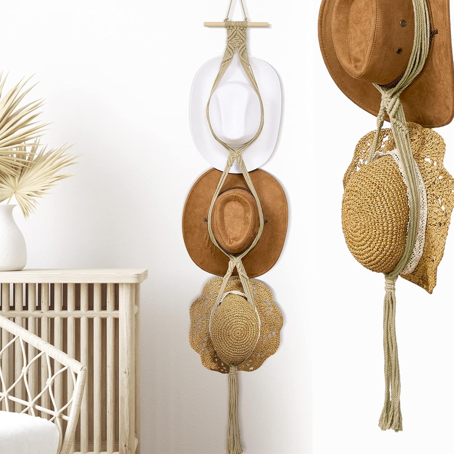 Perchas de macramé para sombreros, estilo bohemio, para colgar sombreros de vaquero, organizador para la parte trasera de la puerta (beige, estilo