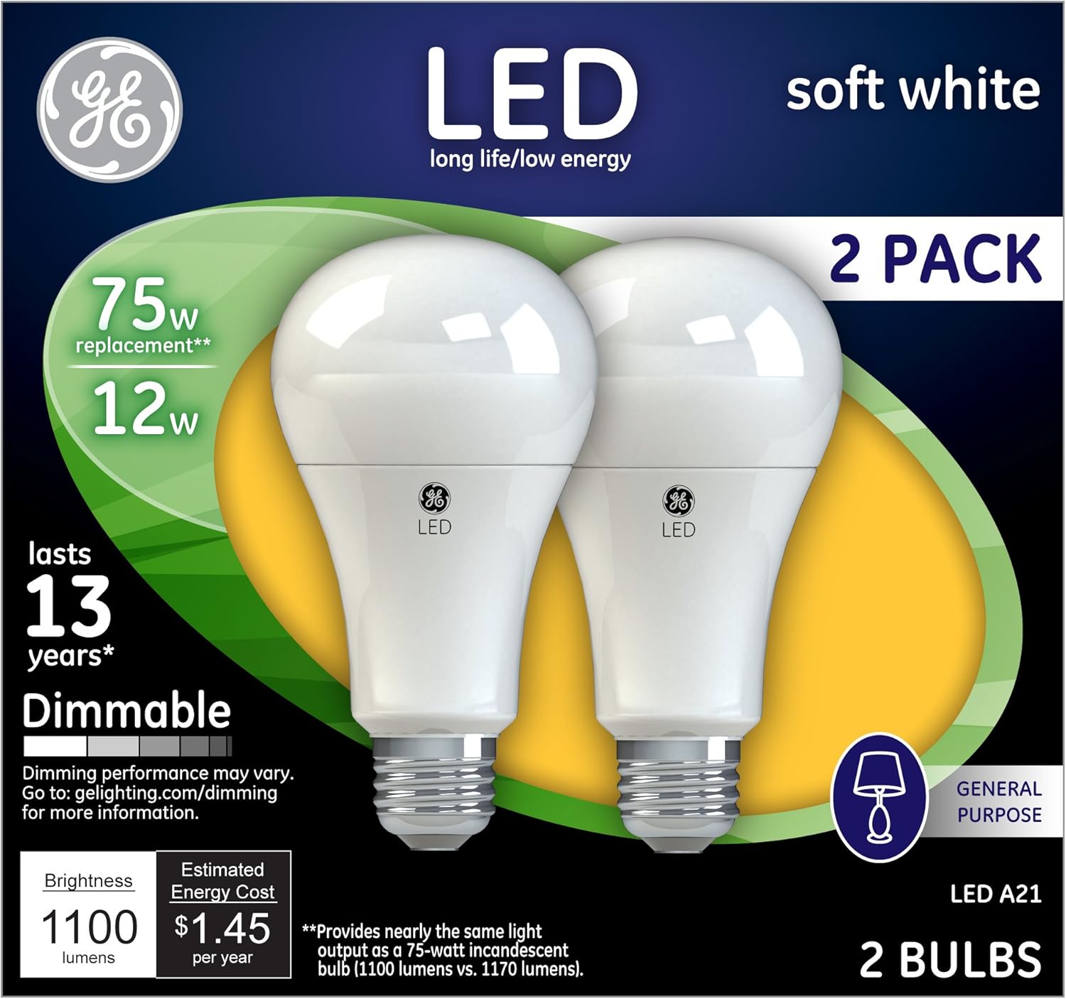 GE 65943 Bombilla LED A19 con base media, 14 vatios, blanco suave, paquete de 2, 2 unidades