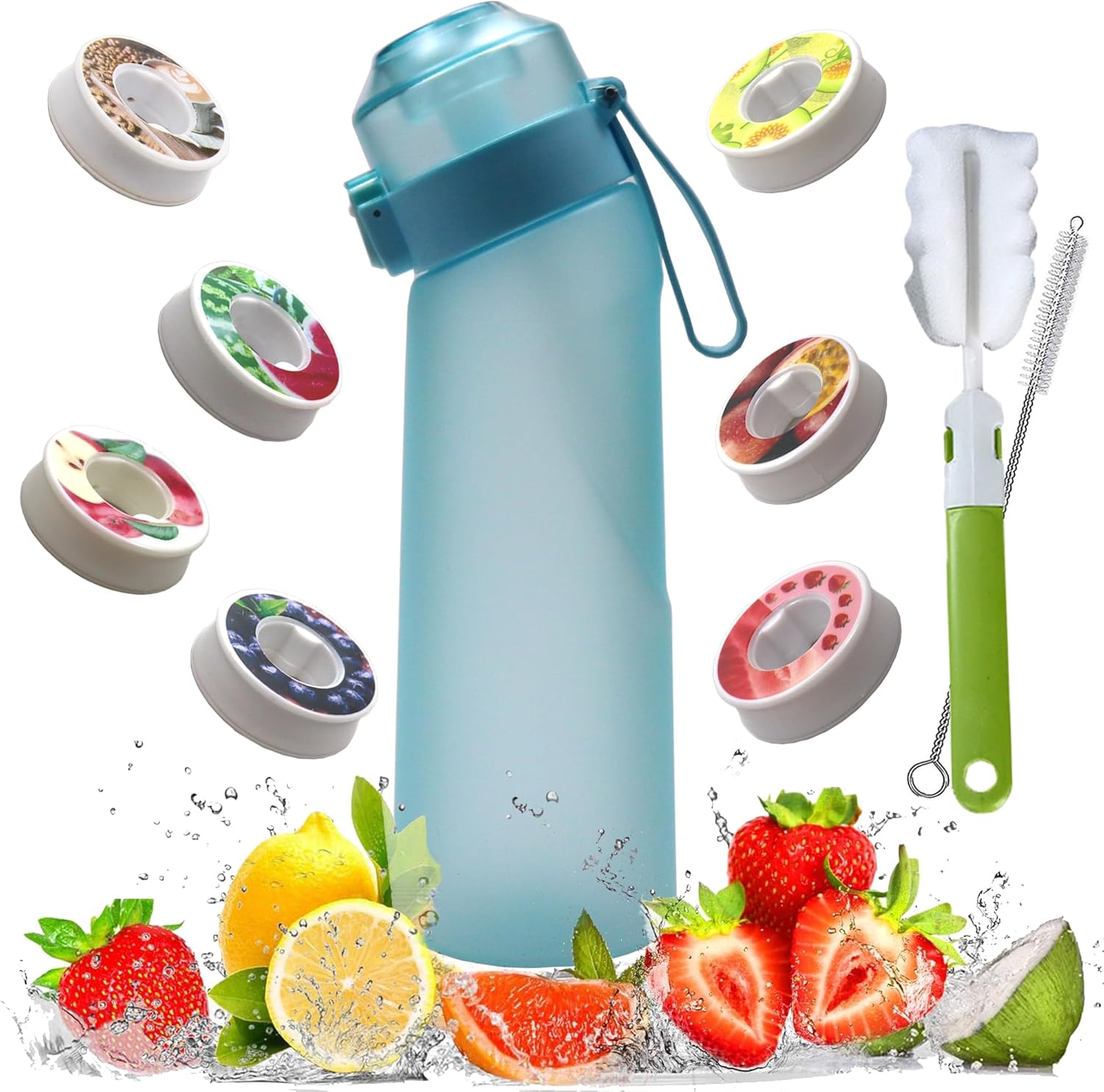 Botella de agua deportiva mejorada 2023 sin BPA, juego de botella de agua con fragancia de fruta de 22.1 fl oz, con 7 cápsulas de sabor, taza de