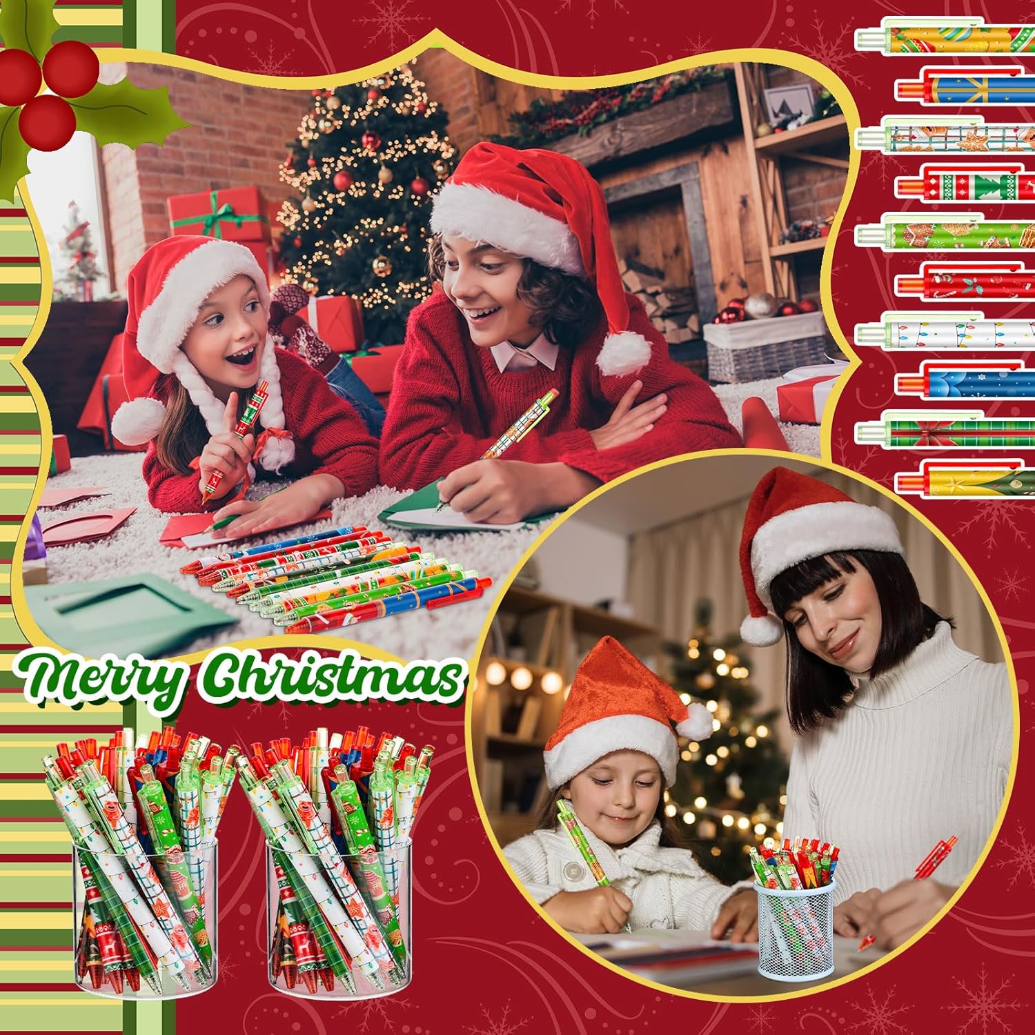 100 bolígrafos de tinta de gel de Navidad, bolígrafos retráctiles de Navidad, bolígrafos de dibujos animados, lindos bolígrafos de tinta negra de
