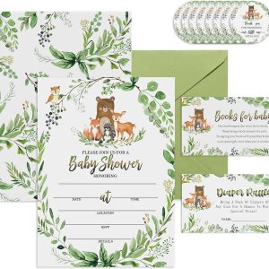 25 invitaciones para baby shower de bosque con sobres, boletos para rifas de pañales y tarjetas de solicitud de libros, calcomanías de animales del 25 invitaciones para baby shower de bosque con sobres, boletos para rifas de pañales y tarjetas de solicitud de libros, calcomanías de animales del