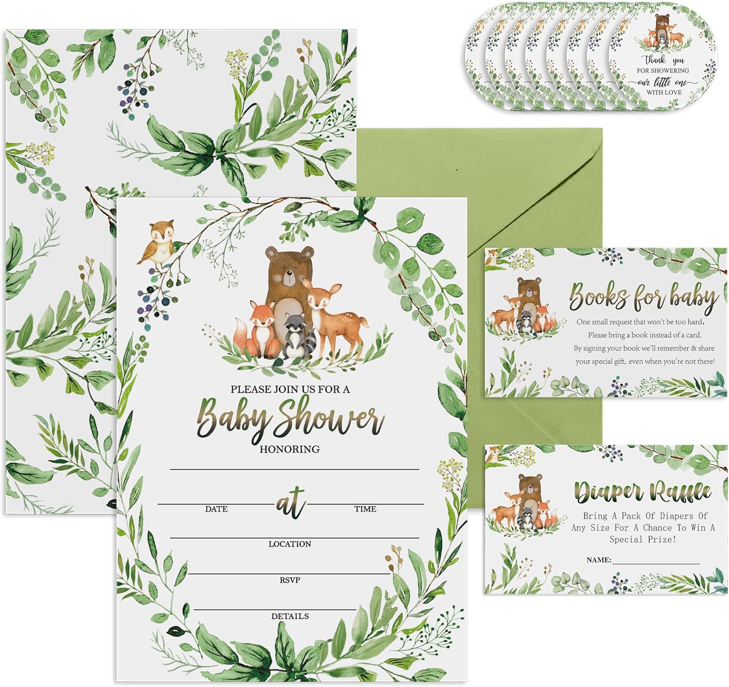 25 invitaciones para baby shower de bosque con sobres, boletos para rifas de pañales y tarjetas de solicitud de libros, calcomanías de animales del