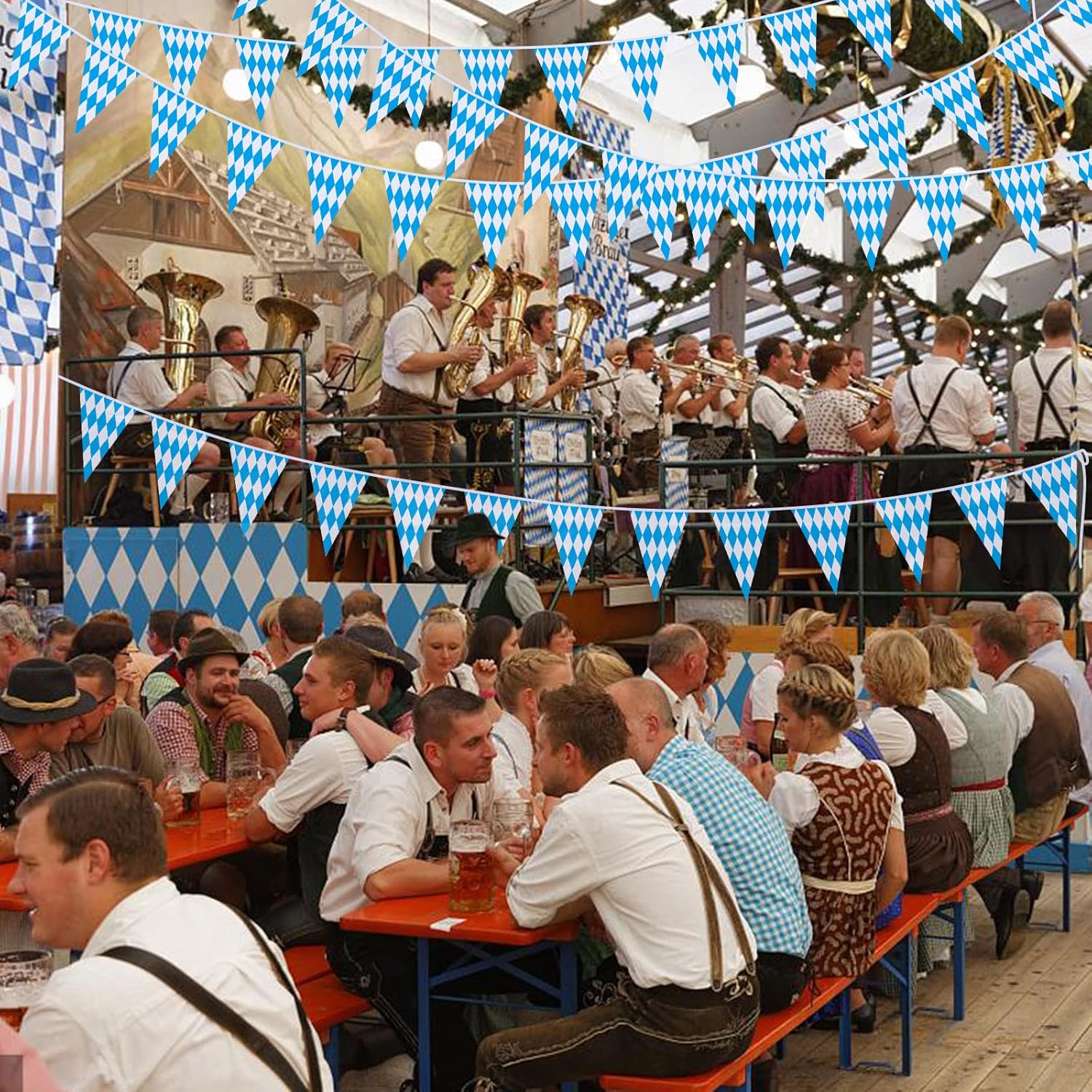 Ahfulife Pancarta de bandera de Oktoberfest de 39 pies para decoraciones de Oktoberfest, 1 paquete de banderines bávaros del Oktoberfest con 30