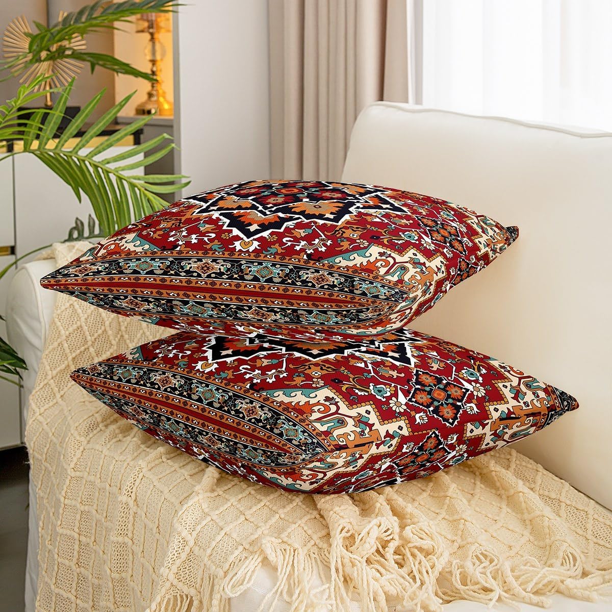 Juego de 2 fundas de almohada con diseño floral tribal de 20 x 20 pulgadas, fundas de almohada geométricas de flores rojas, verde azulado y verde,