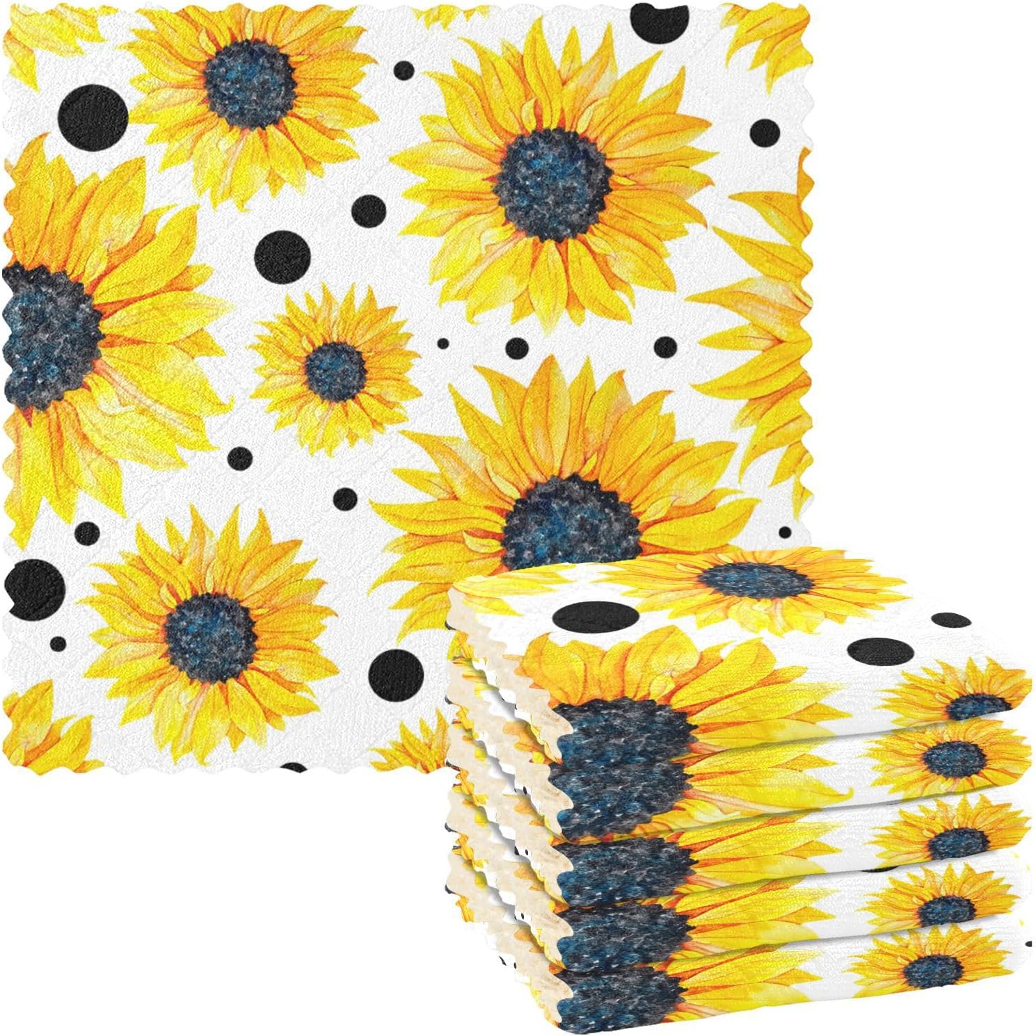 Yellow Sunflowers White Cotton Print Microfiber Dish Drying Towel Quick Dry Set of 6 Tea Towels for Kitchen for Restaurant Sink