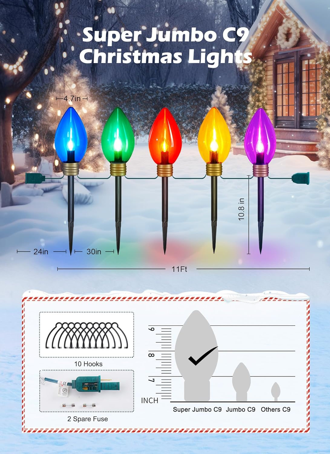 Paquete de 2 tiras de luces de Navidad súper jumbo o luces de marcador de camino, decoraciones de Navidad al aire libre, 11 pies, 5 luces LED Jumbo