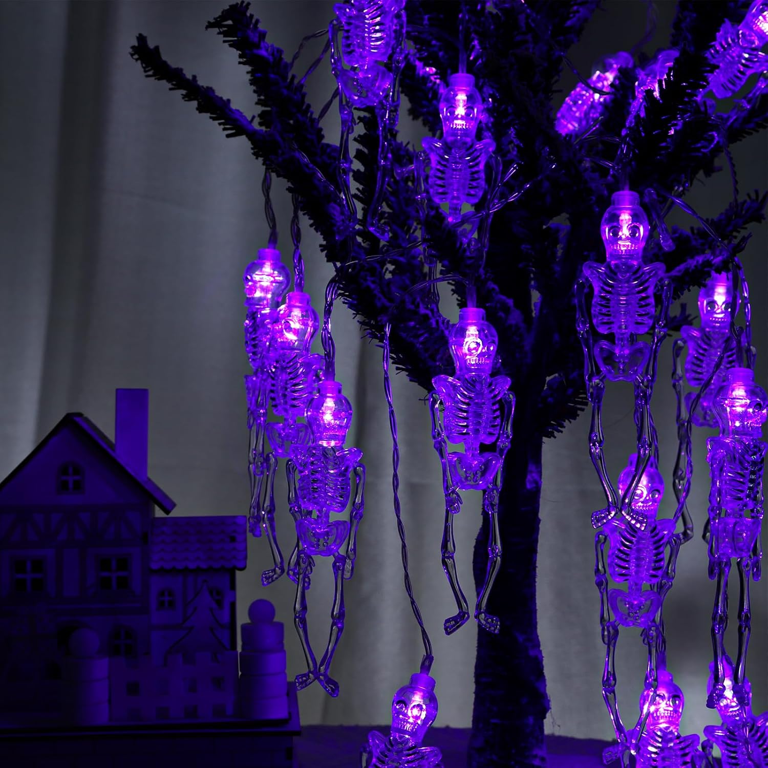 TIANSHENG Guirnalda de luces de esqueleto para Halloween, 20 luces LED, 8 modos, impermeables, funciona con pilas, para interiores y exteriores,