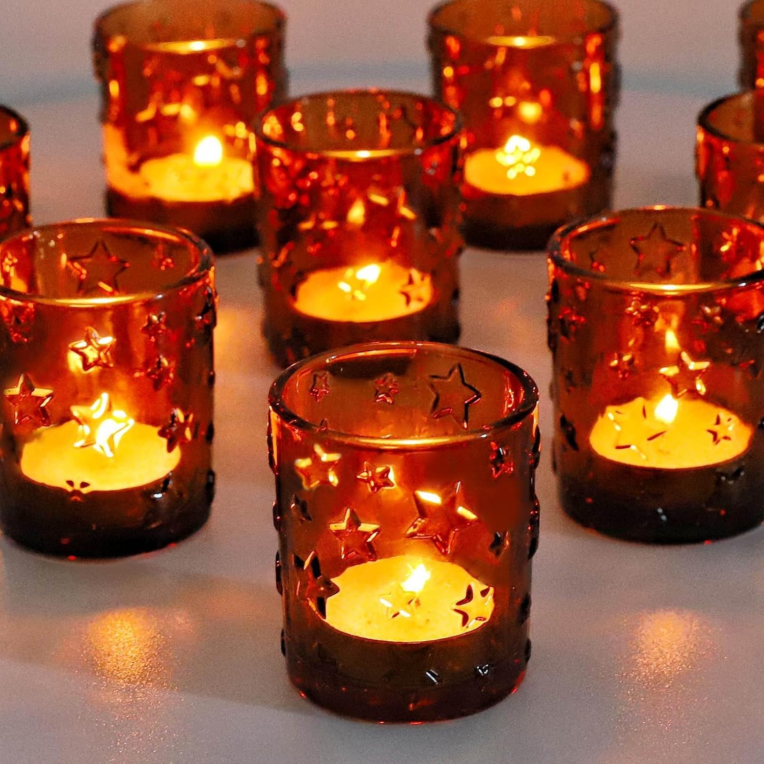 12 portavelas votivas de vidrio en relieve de estrella, candelabros ámbar, centros de mesa de boda para mesas, portavelas de vidrio para Acción de