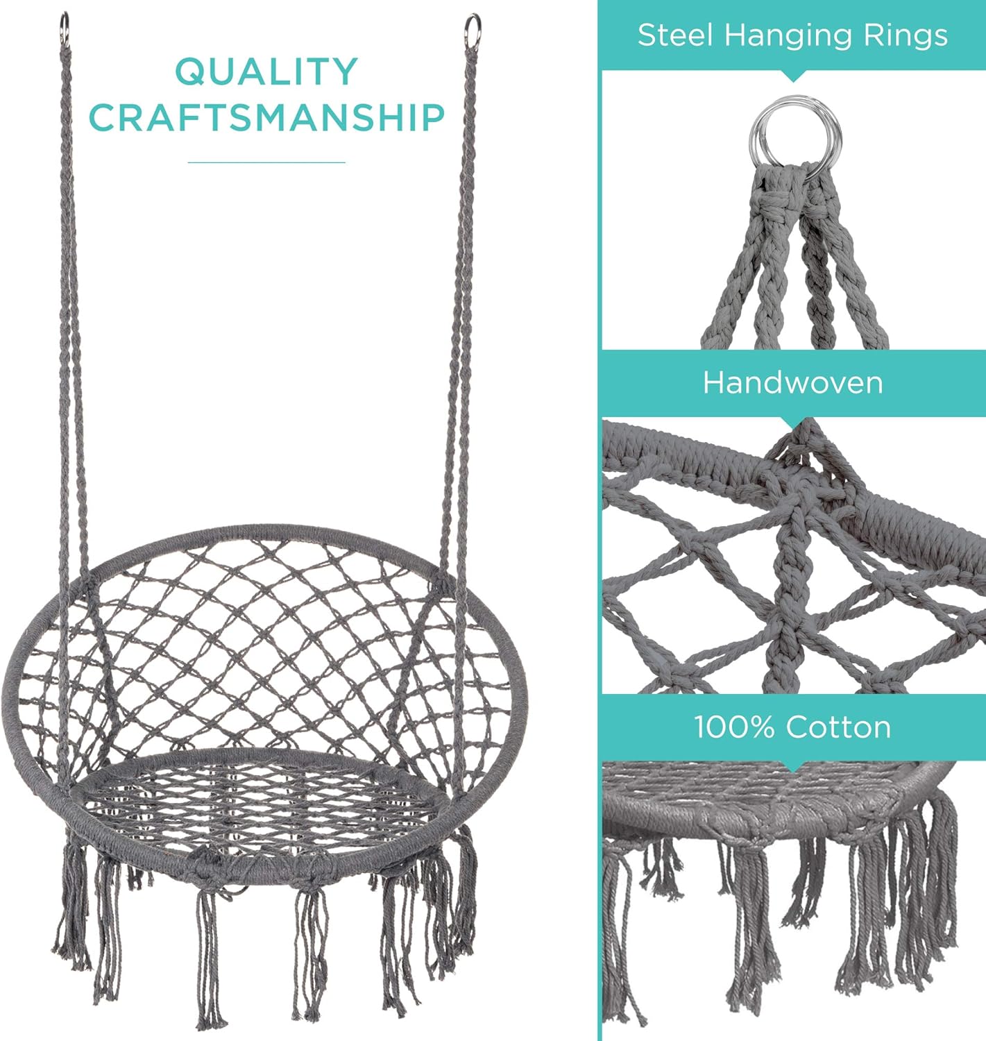 Best Choice Products Hamaca de macramé de algodón tejida a mano para uso en interiores y exteriores con respaldo, borlas de flecos, capacidad de 265