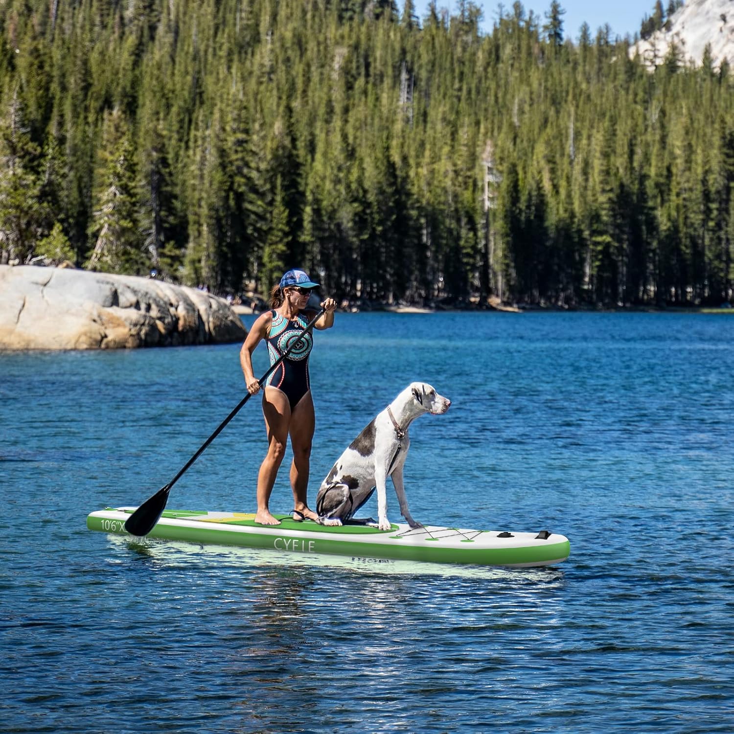 CYFIE Tabla de remo inflable para adulto, tabla de remo de pesca de 10.6 pies con asiento de kayak, accesorios de SUP, bomba, 4 remos, mochila,