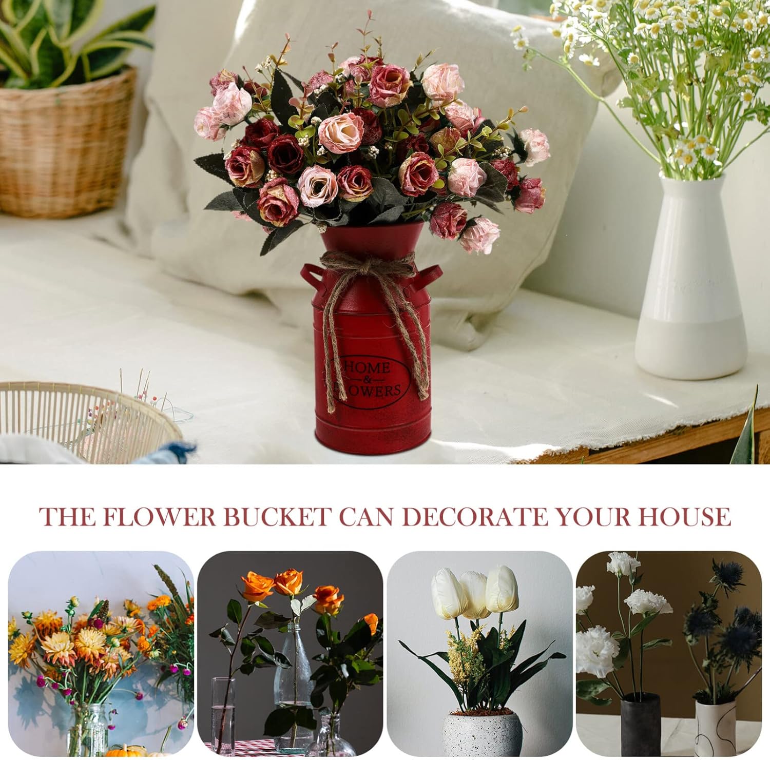 Cubo de flores de hierro con asa, maceta retro con cuerda de yute, jarrón francés vintage rojo con letra de flor para el hogar, contenedor de flores