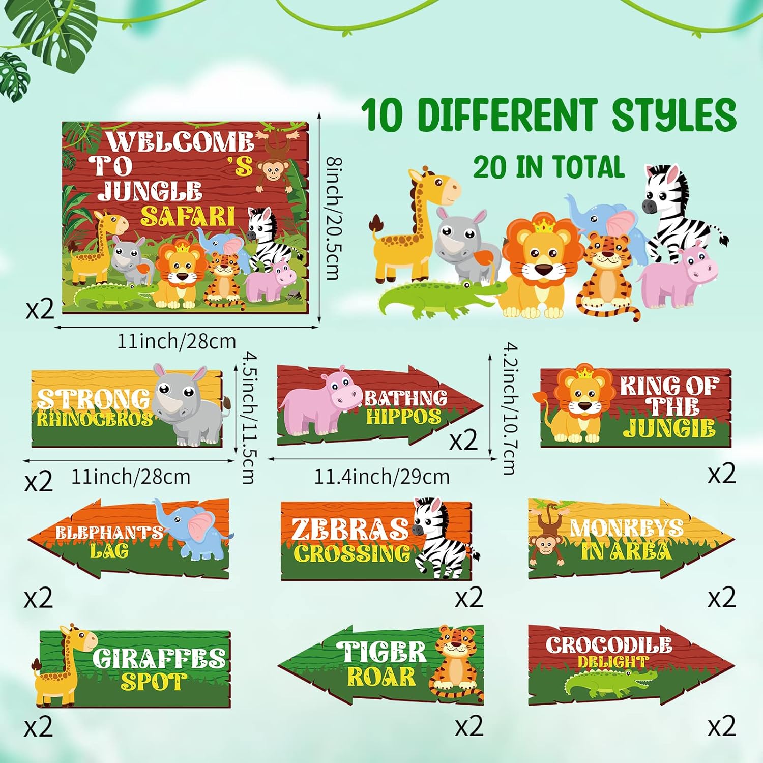 Hooqict 20 carteles de fiesta de safari para decoraciones de fiesta de selva, decoraciones de safari, letreros direccionales para aula, animales