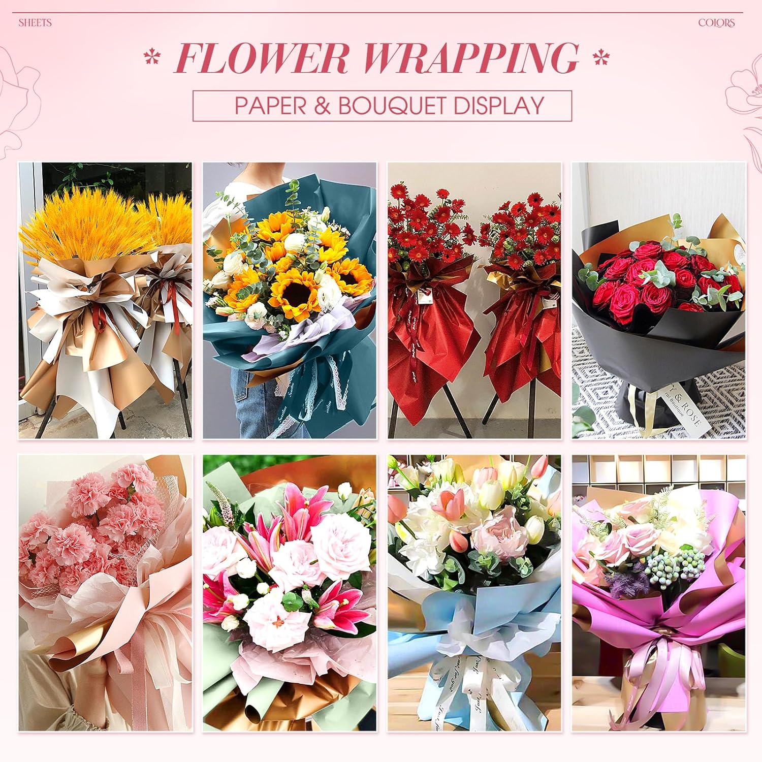 160 hojas de papel de regalo de flores de doble color, grueso, impermeable, papel de regalo para ramo de floristería, a granel para manualidades,