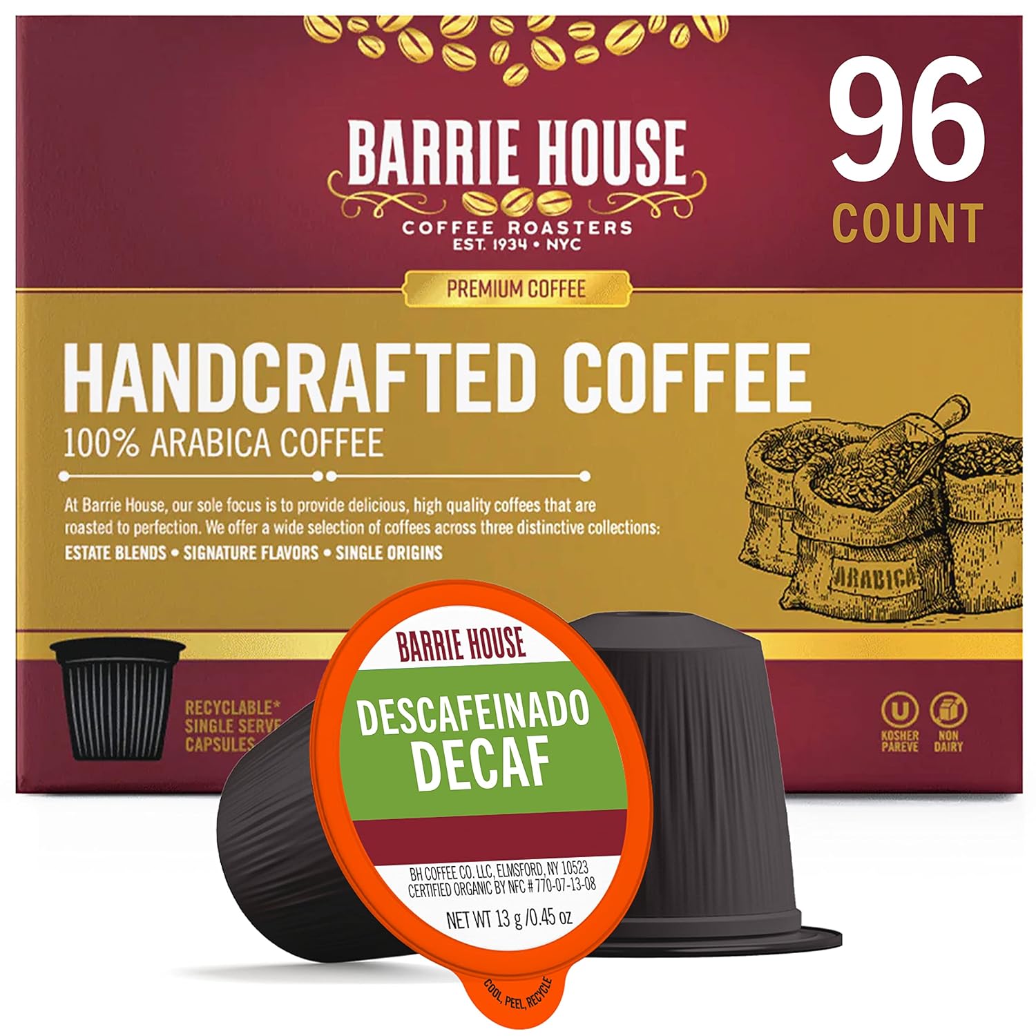 Barrie House Descafeinado Cápsulas de café descafeinado de una sola porción, paquete de 96  Compatible con cafeteras Keurig K Cup  Sabor crujiente,