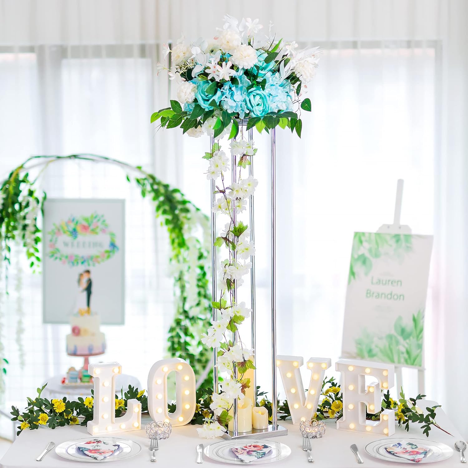 Centros de mesa de boda para mesas, jarrón plateado, soporte de flores de columna, jarrones altos de metal de 39.4 pulgadas para centros de mesa,