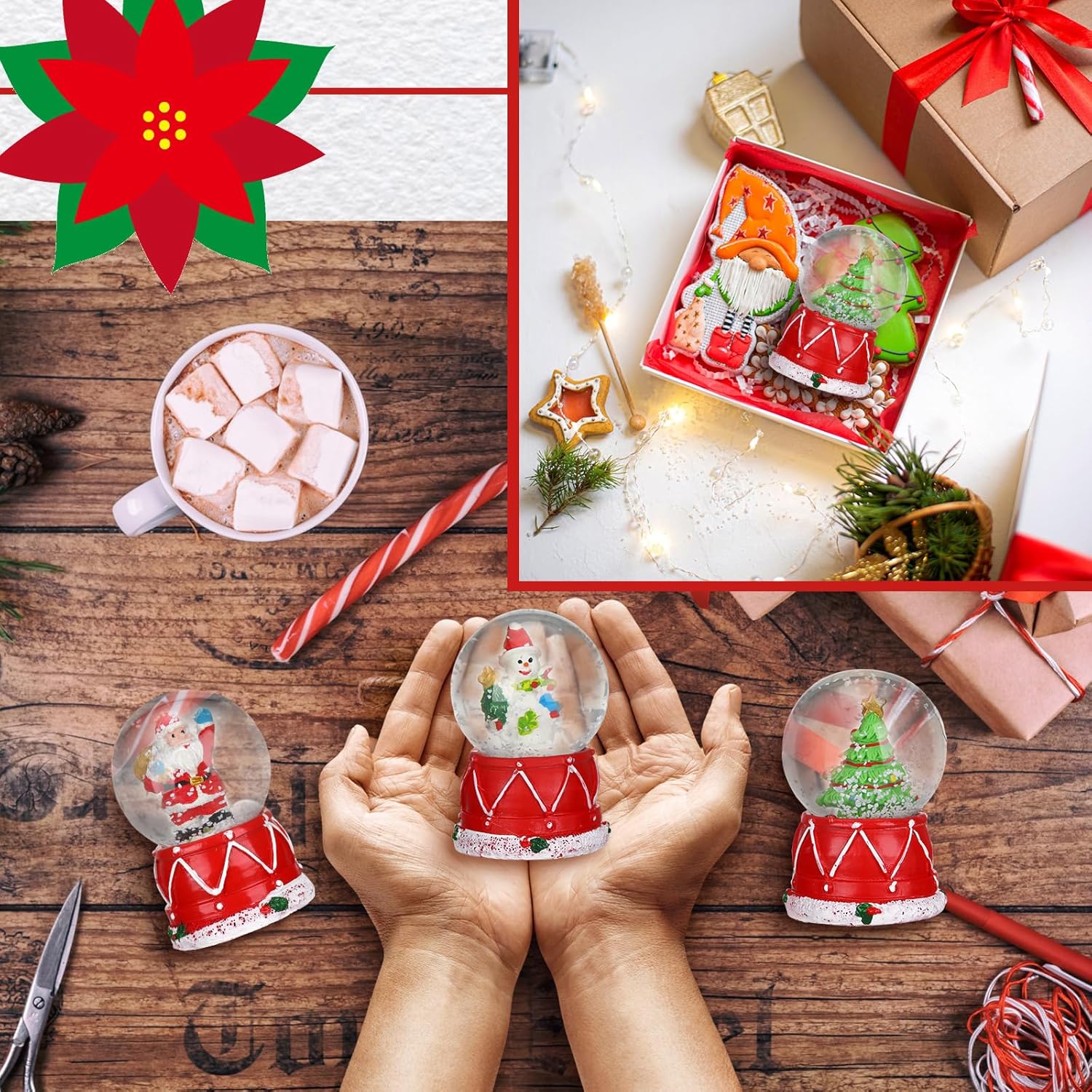 Hiboom 3 globos de nieve pequeños de Navidad, luces LED, árbol de Navidad de Papá Noel y muñeco de nieve, bolas de cristal ligeras, alimentadas con