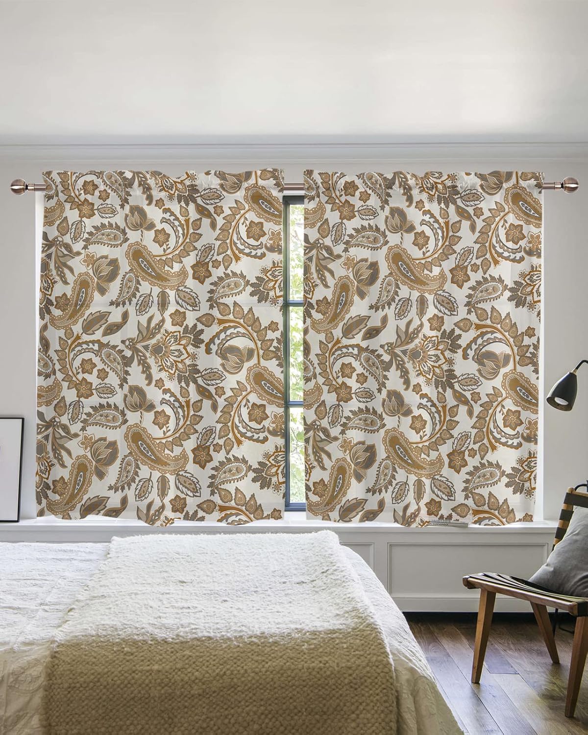 RisQiten Cortinas transparentes con estampado étnico de cachemira marrón para baño, juego de 2 paneles de 54 pulgadas de largo, cortinas de ventana