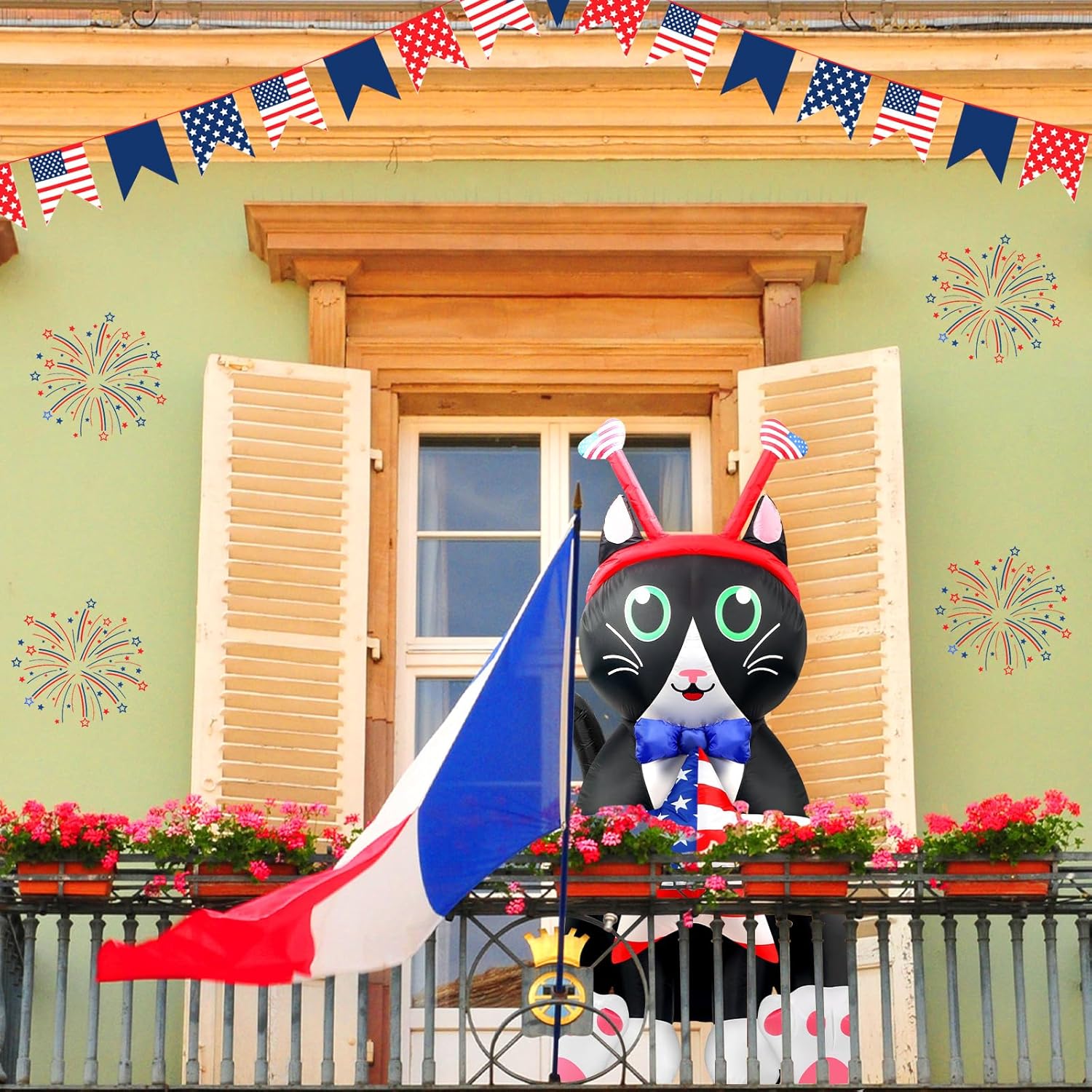 Inflables patrióticos de gato de 5 pies de altura con luces LED integradas para el Día de la Independencia, decoración al aire libre para fiesta del