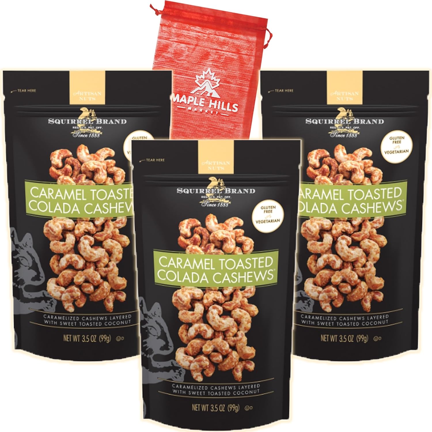 Squirrel Brand Nuts – Paquete de 3 bolsas selladas individualmente de anacardos de colada tostados de caramelo de la marca Squirrel – Sin gluten,
