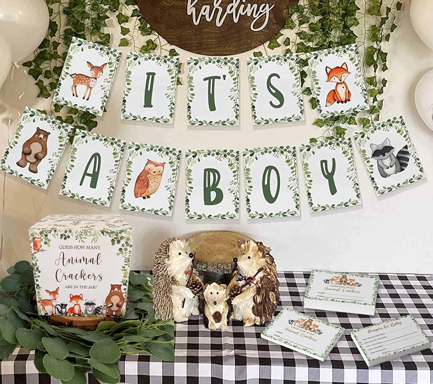 Woodland Guess How Many Animal Crackers – Juego de adivinanzas, caja de juego de adivinanzas para baby shower de bosque y oraciones para tarjetas de