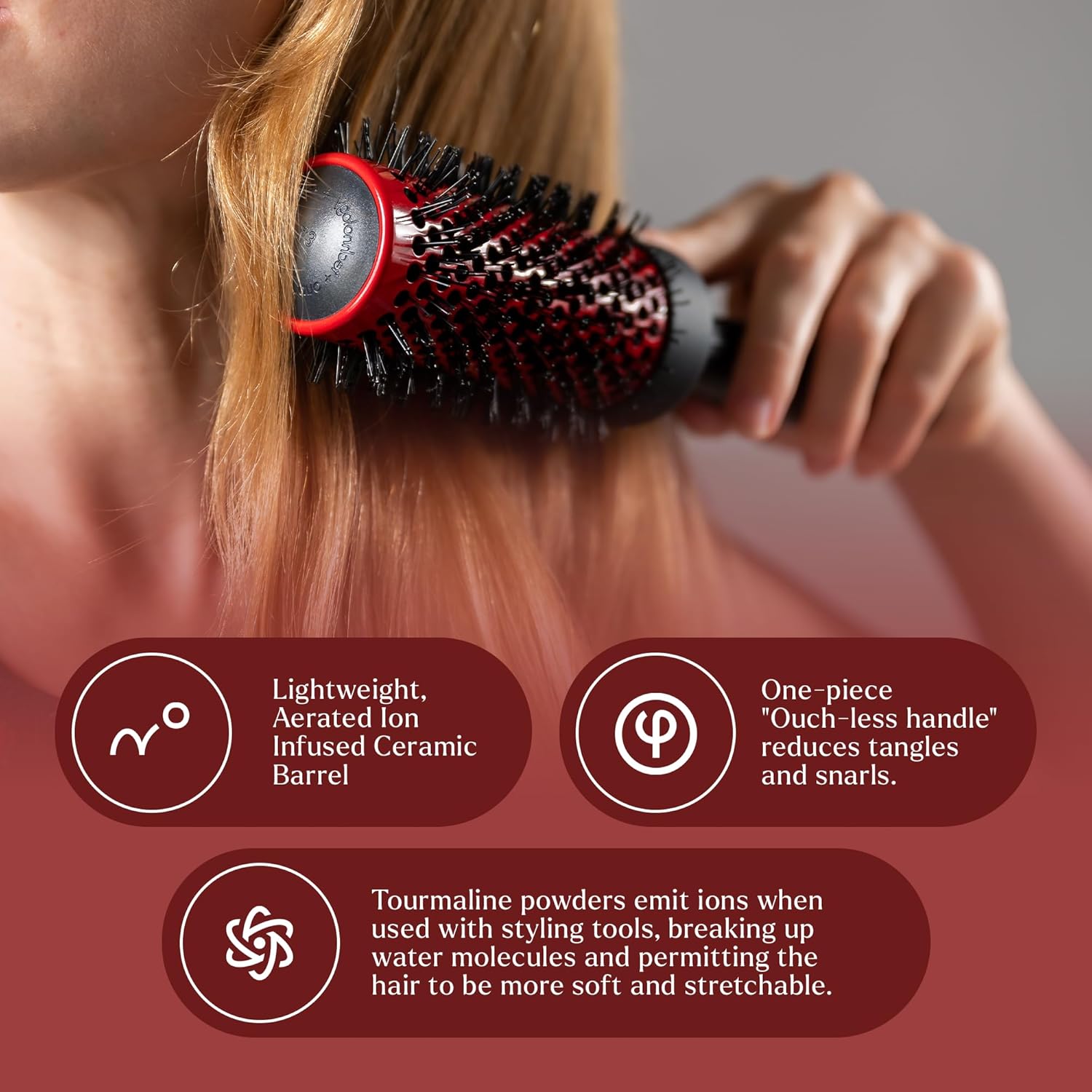 Cepillo redondo de cerámica con infusión de iones  Cepillo de calidad de salón para secado con soplado  Fija el cabello seco o dañado  Cepillo de