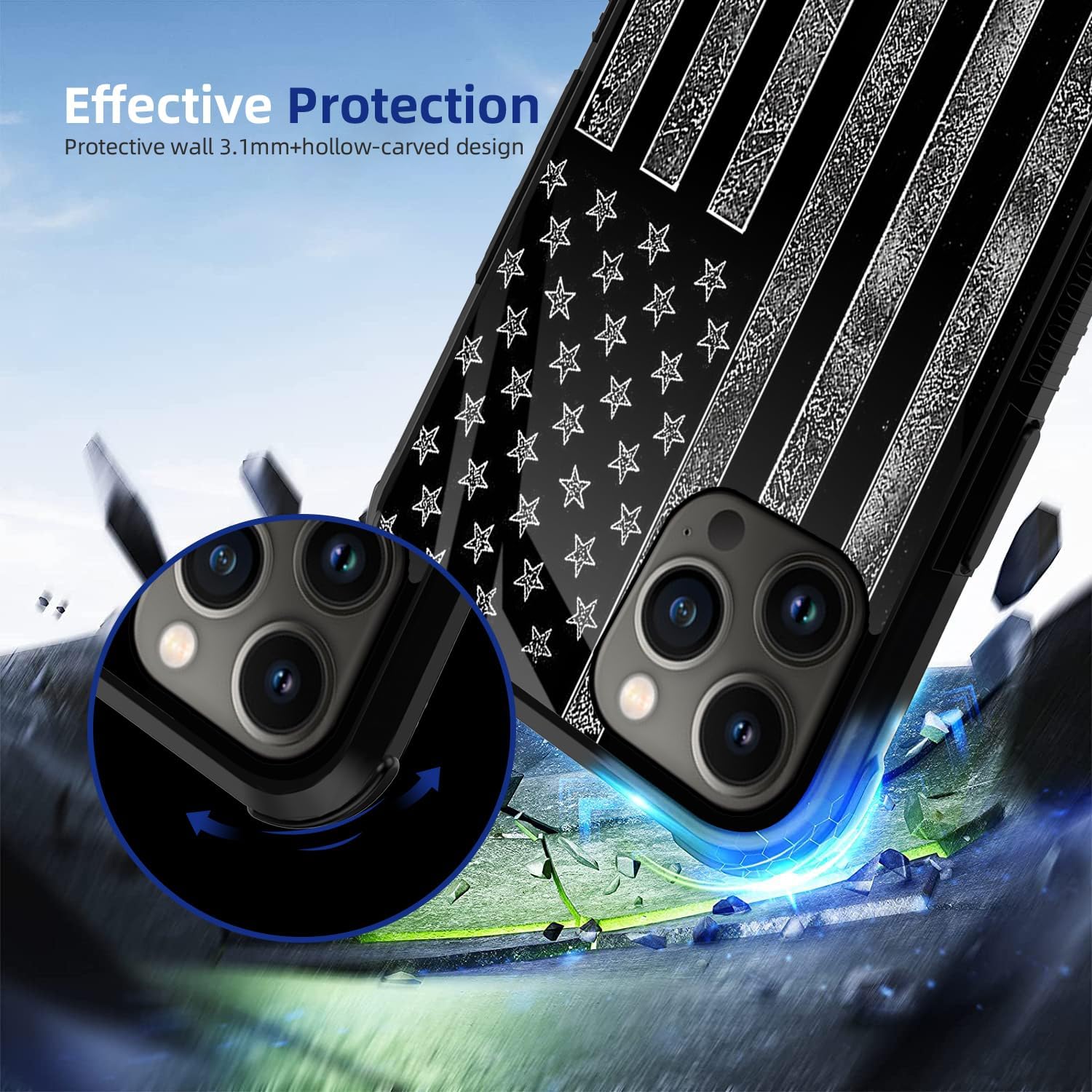 Funda compatible con iPhone 15, funda de bandera estadounidense gris oscuro para iPhone 15 para hombres y niños, diseño de vidrio orgánico, a prueba