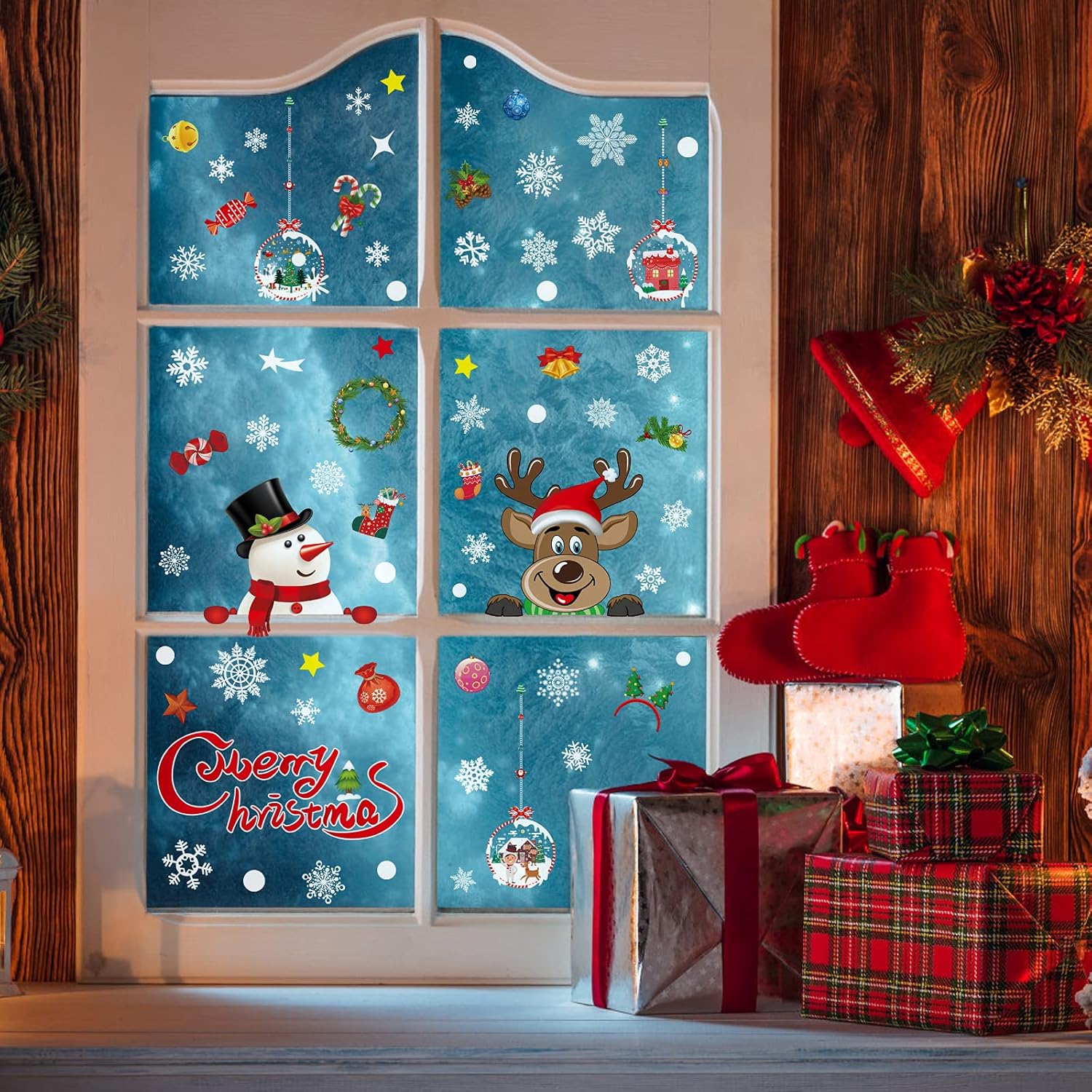 JMANNI Calcomanías navideñas para ventana, 8 hojas, calcomanías para ventana, copos de nieve, cuadros de ventana para puertas, escaparates, frentes