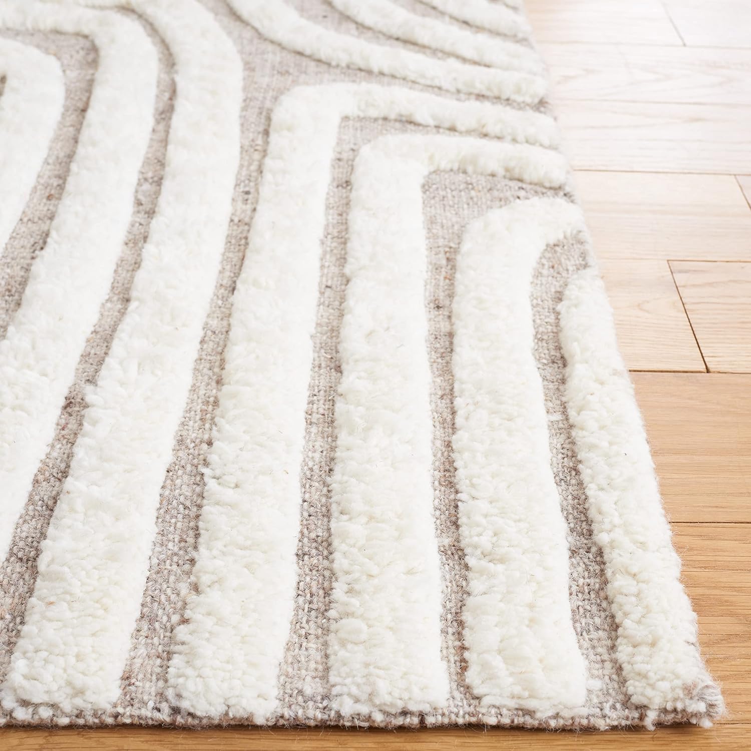 SAFAVIEH Kilim Collection – Alfombra cuadrada de 4 pies, color beige y marfil, hecha a mano de lana moderna con textura de mediados de siglo, ideal