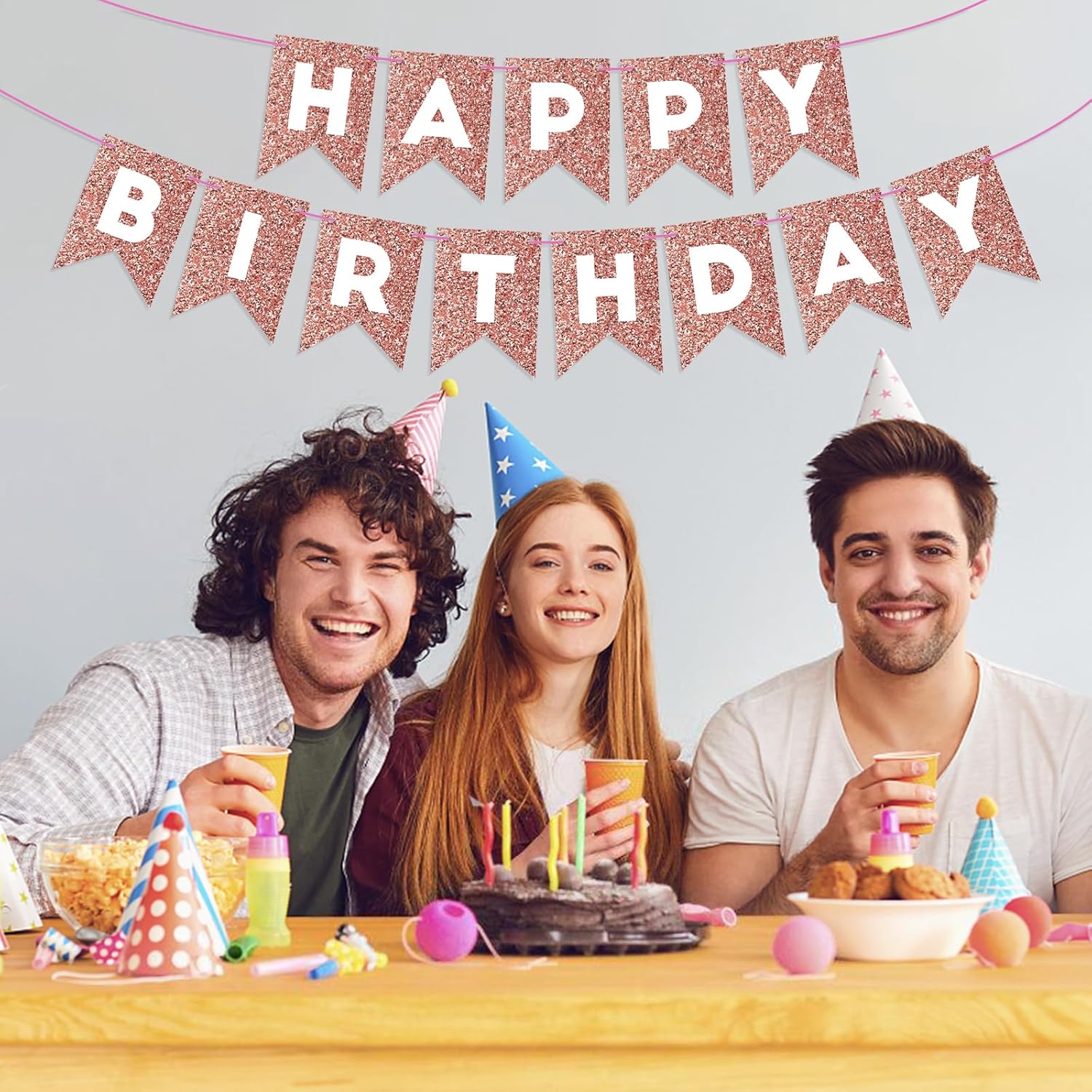 Cartel de feliz cumpleaños de oro rosa con purpurina para telón de fondo, decoraciones de cumpleaños de oro rosa, guirnalda de banderines para