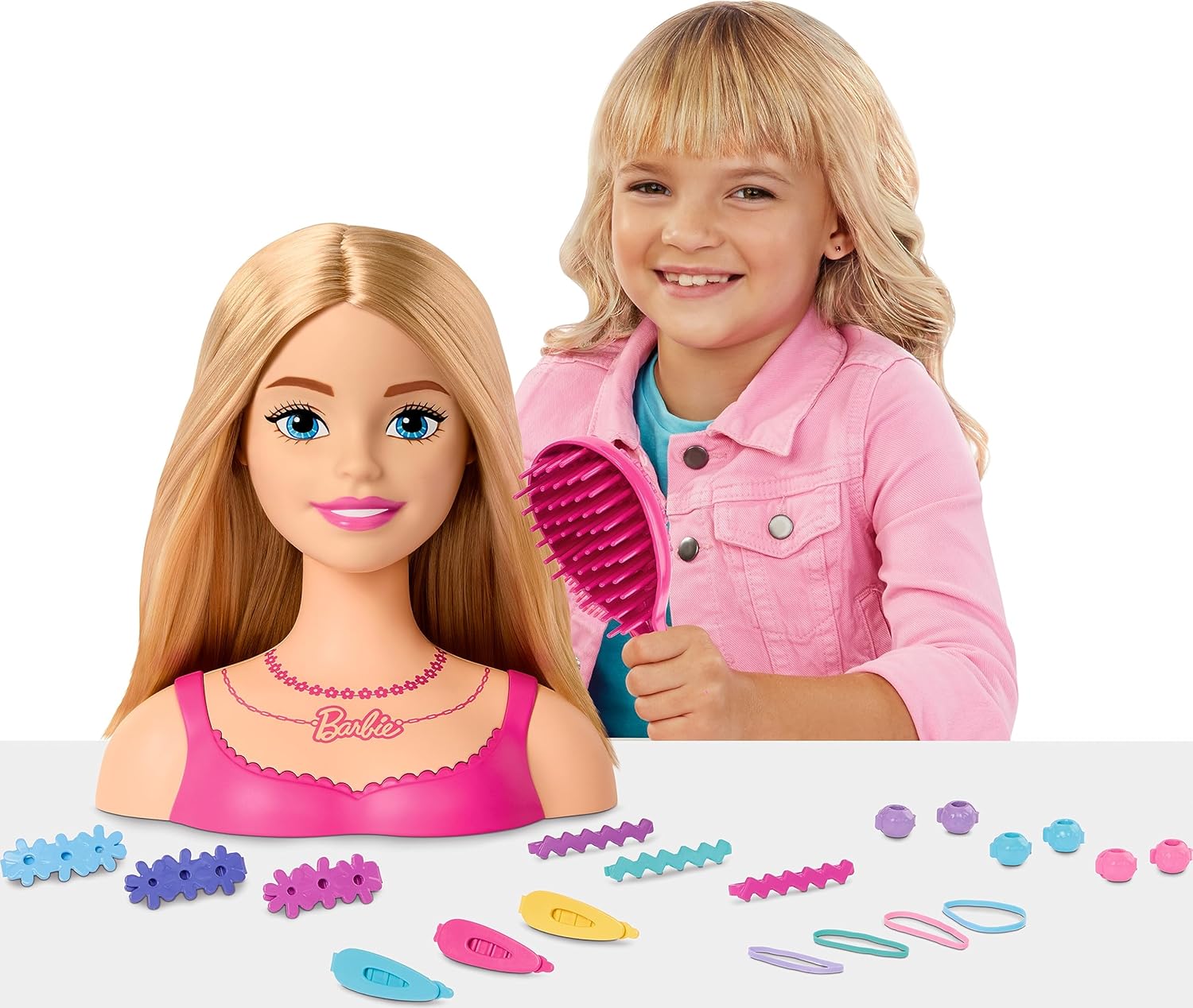 Barbie Cabeza de estilo de muñeca, cabello rubio con 20 accesorios coloridos, cabeza de muñeca para peinar el cabello