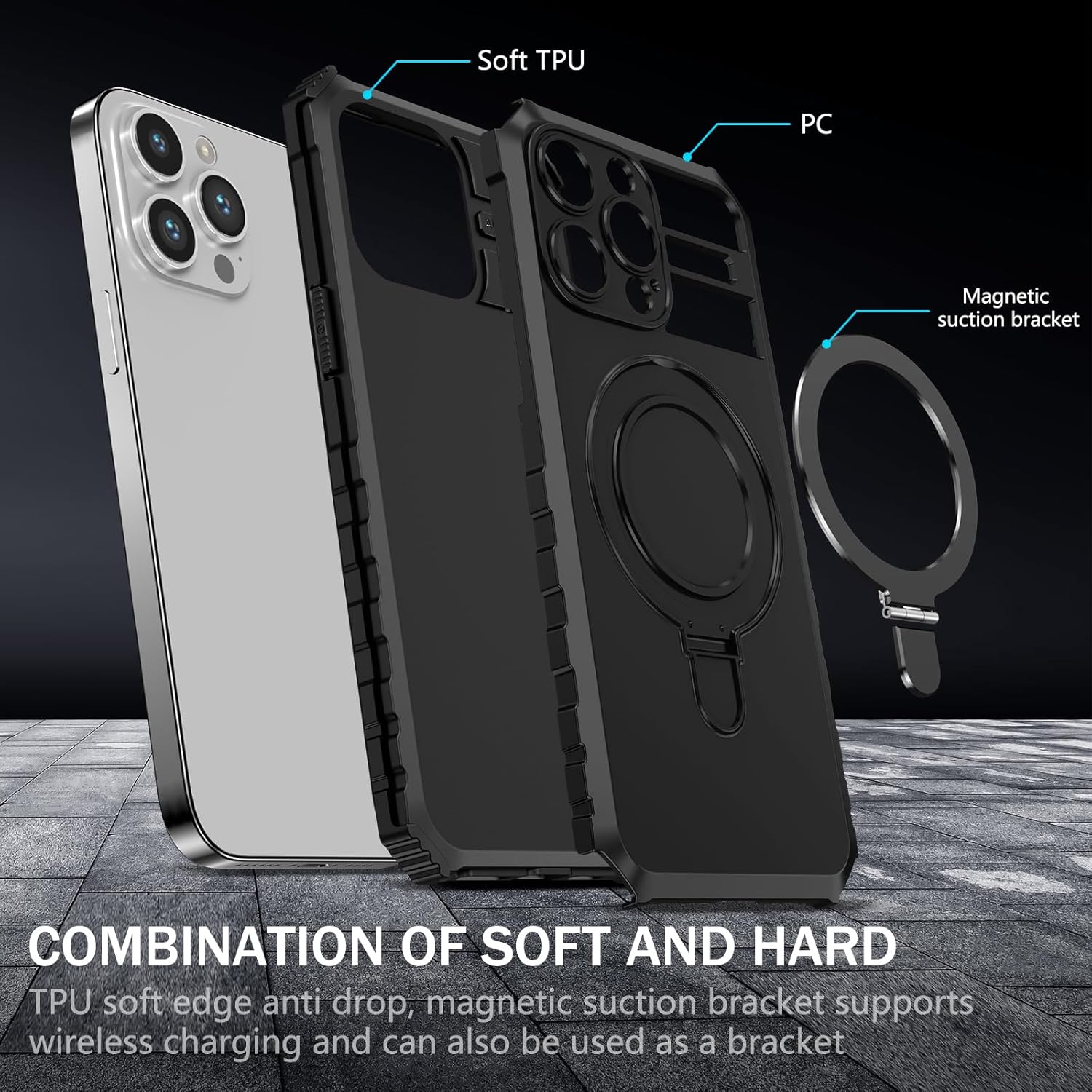 Fudley Funda magnética para iPhone 15 Pro Max compatible con MagSafe con 2 protectores de pantalla de vidrio templado con soporte de anillo, grado