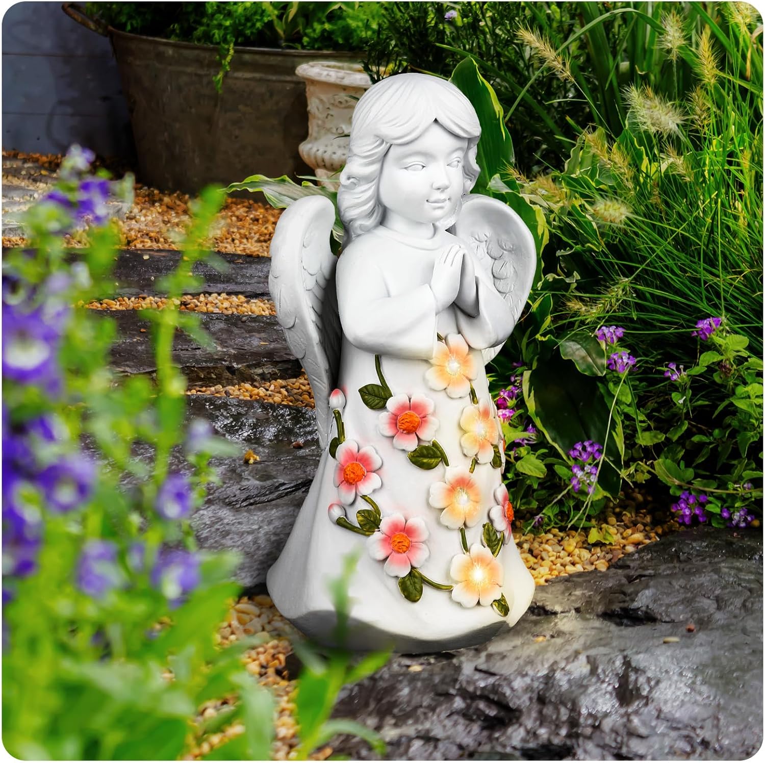 CrazyQueen Estatuas de ángulo para exteriores, decoración solar de jardín con luz, luz de ángel de la guarda, piedras conmemorativas para patio,