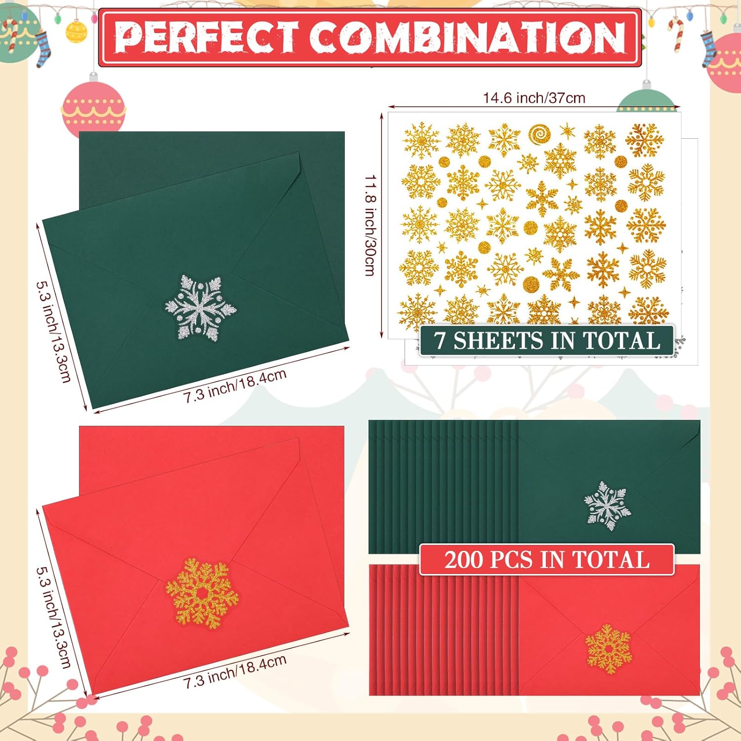 200 sobres de Navidad A7 con 7 hojas, 210 calcomanías de copo de nieve con purpurina de 5 x 7 sobres para tarjetas de regalo, sobres con solapa en V